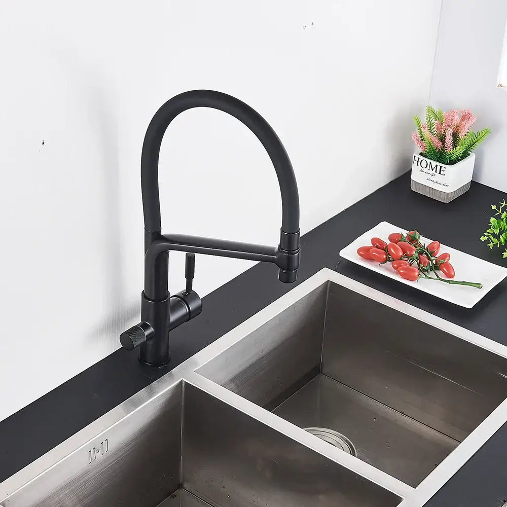 Matte black water filter kitchen faucet pull down gooseneck tap