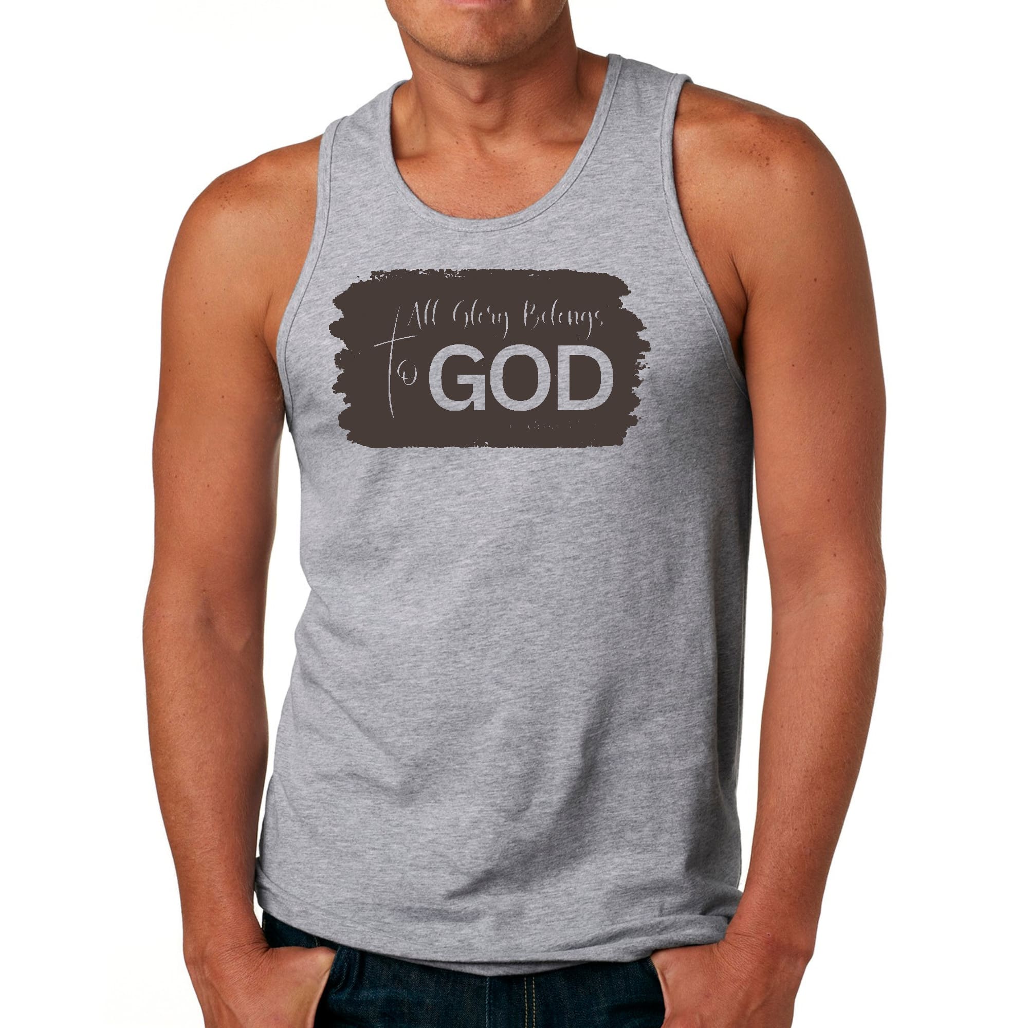 Mens Fitness Tank Top Graphic T-shirt All Glory Belongs to God - Brown