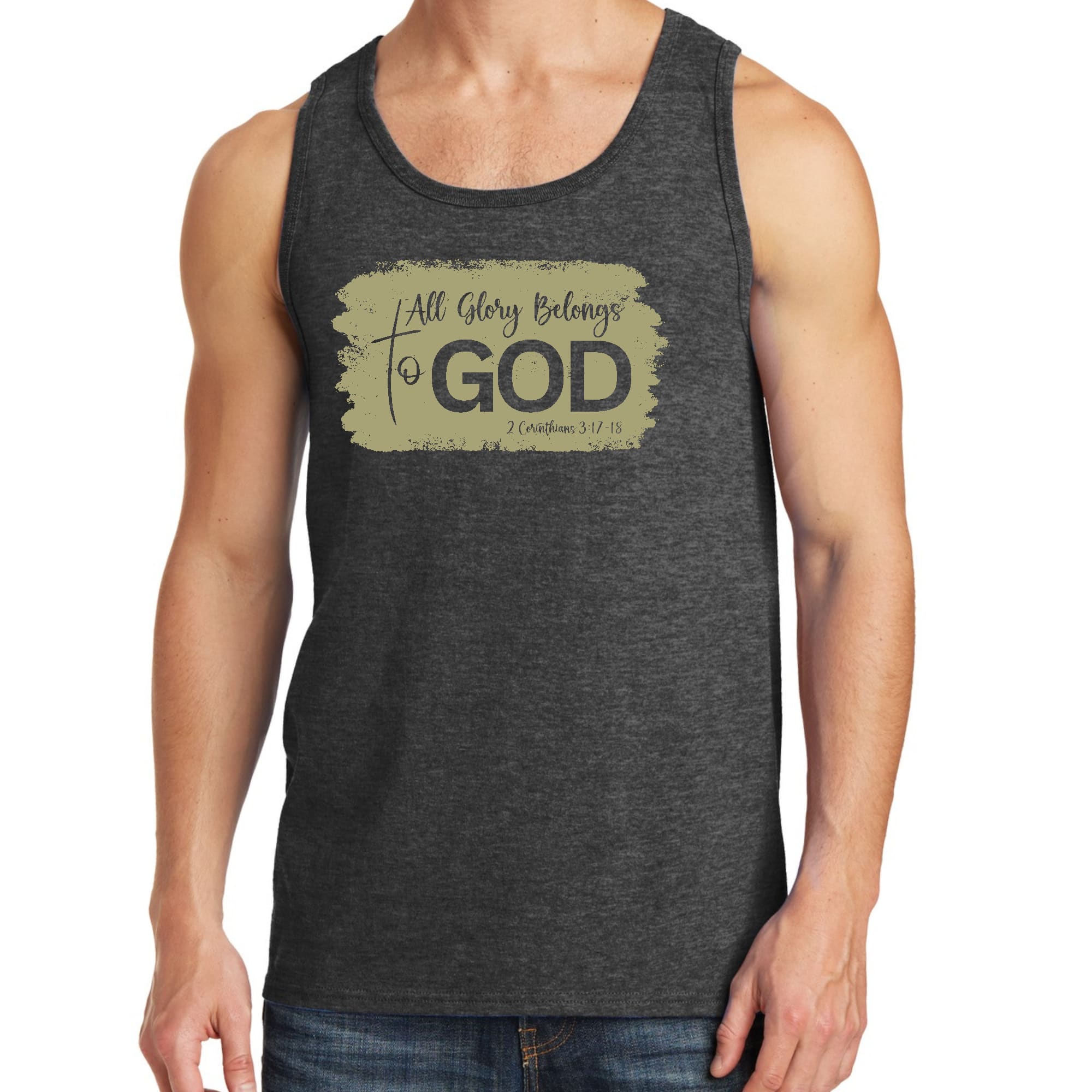 Mens Fitness Tank Top Graphic T-shirt All Glory Belongs to God - Olive