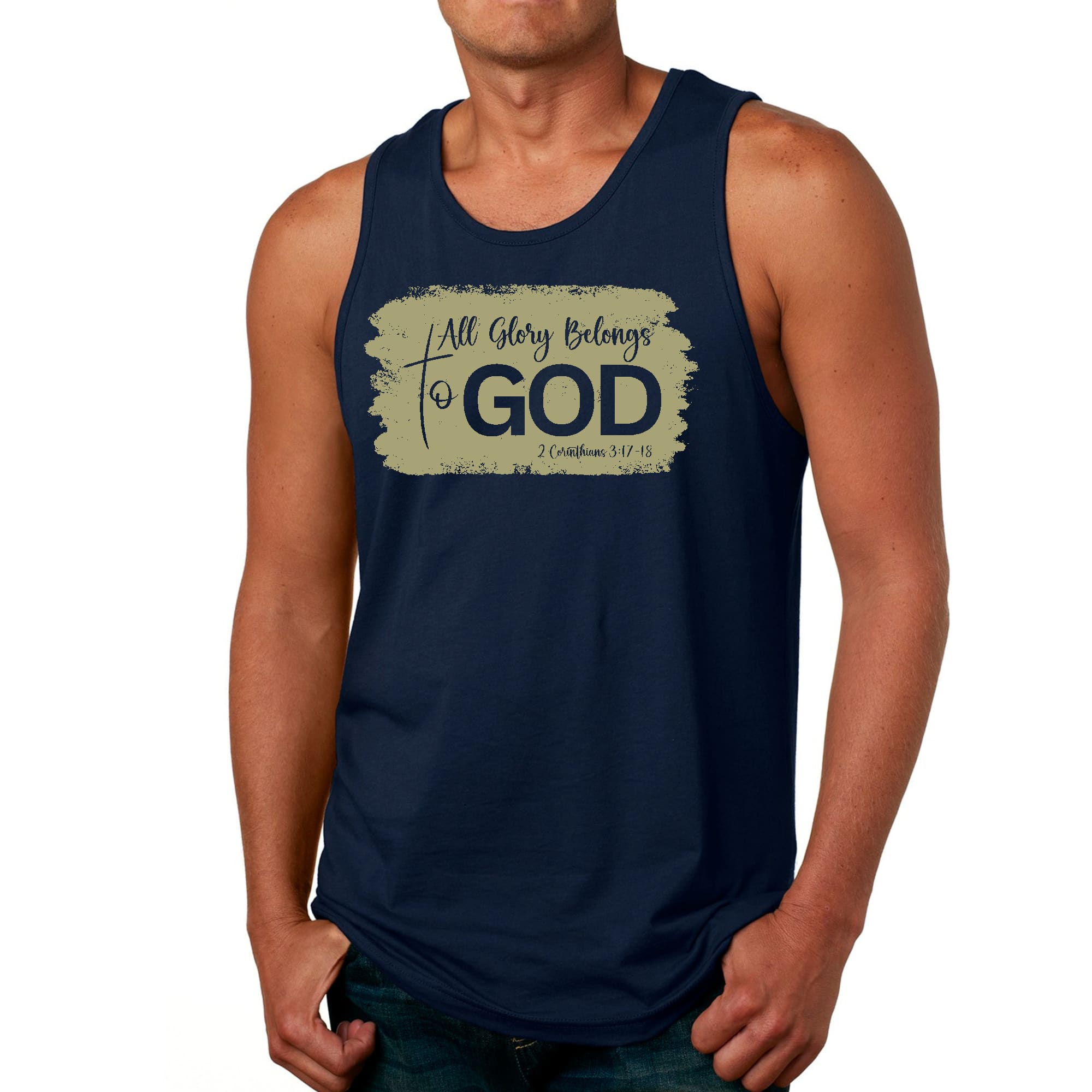 Mens Fitness Tank Top Graphic T-shirt All Glory Belongs to God - Olive