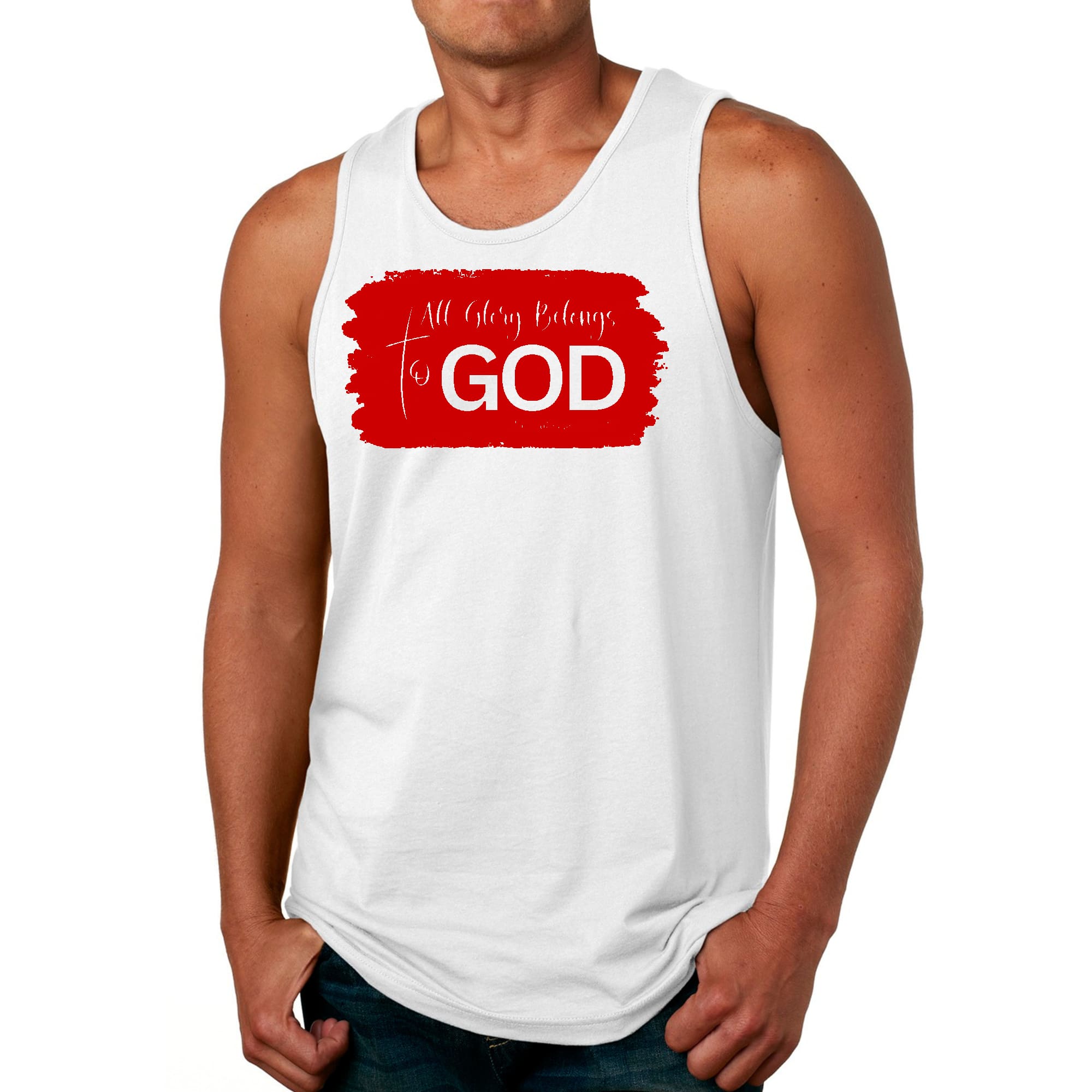 Mens Fitness Tank Top Graphic T-shirt All Glory Belongs to God - Red