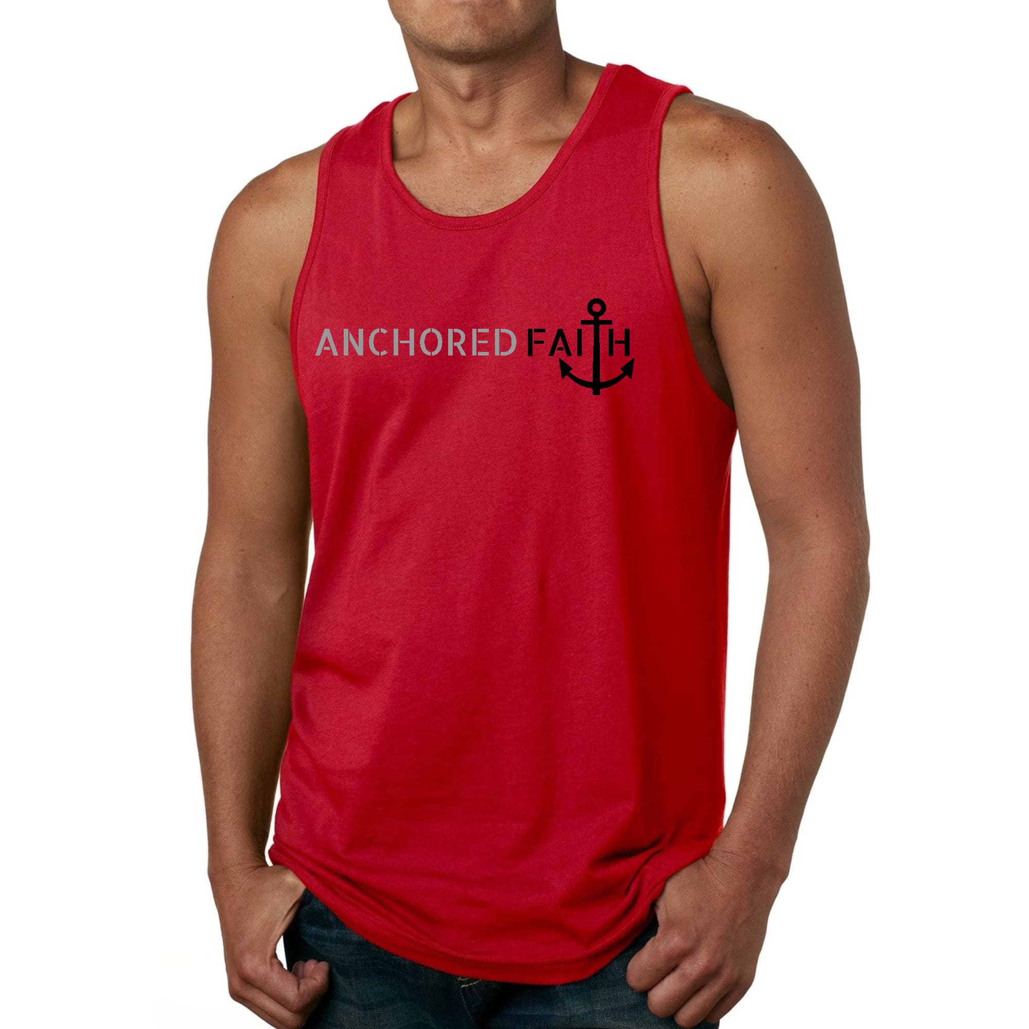 Mens Fitness Tank Top Graphic T-shirt Anchored Faith Grey and Black