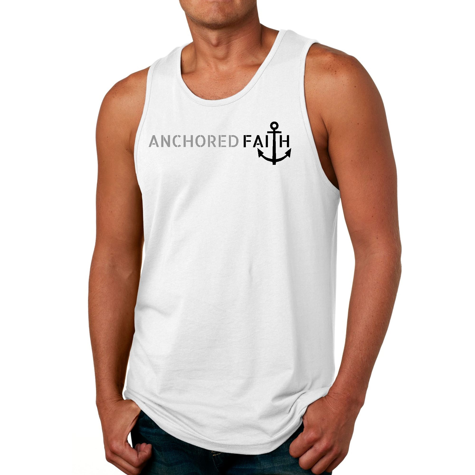 Mens Fitness Tank Top Graphic T-shirt Anchored Faith Grey and Black