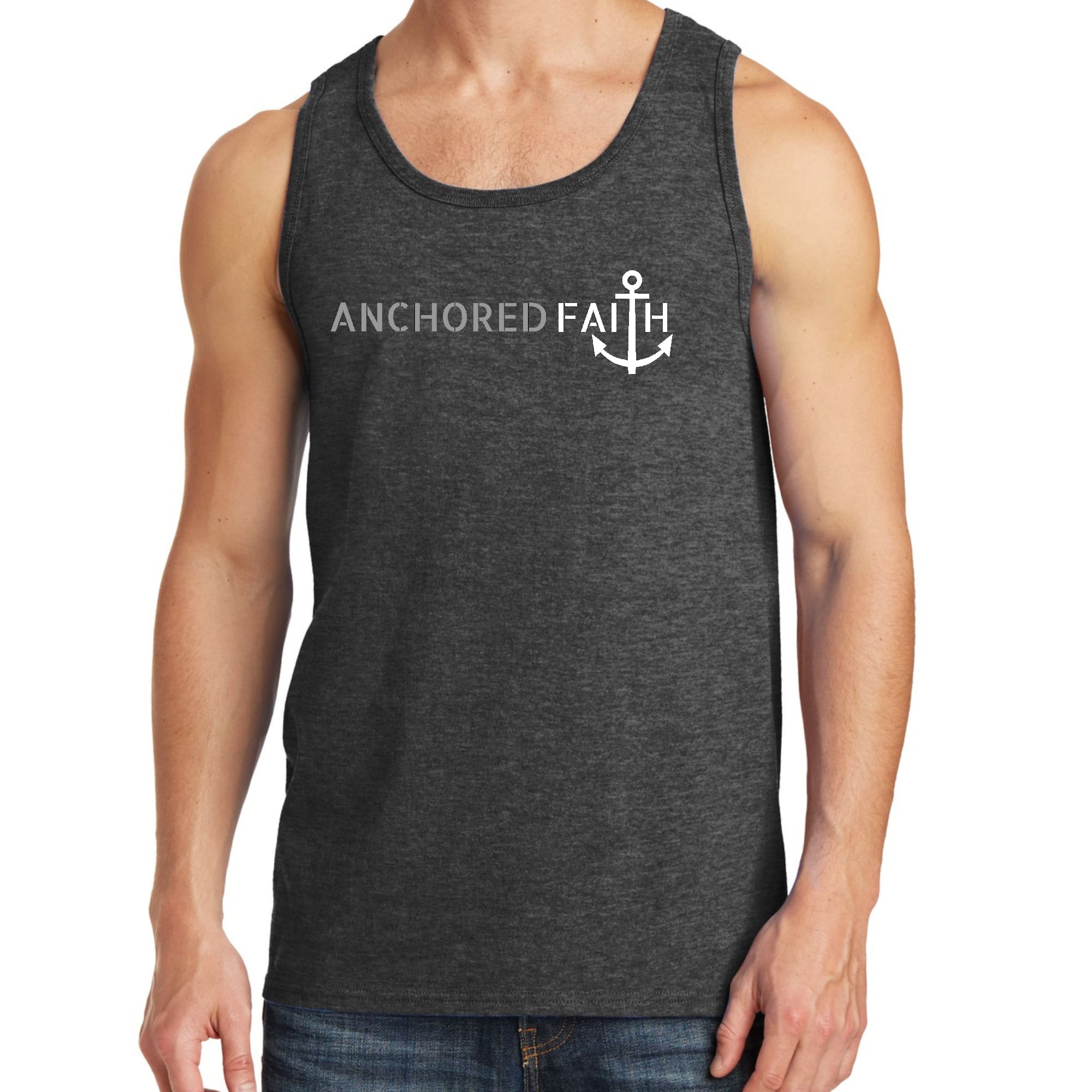 Mens Fitness Tank Top Graphic T-shirt Anchored Faith Grey and White