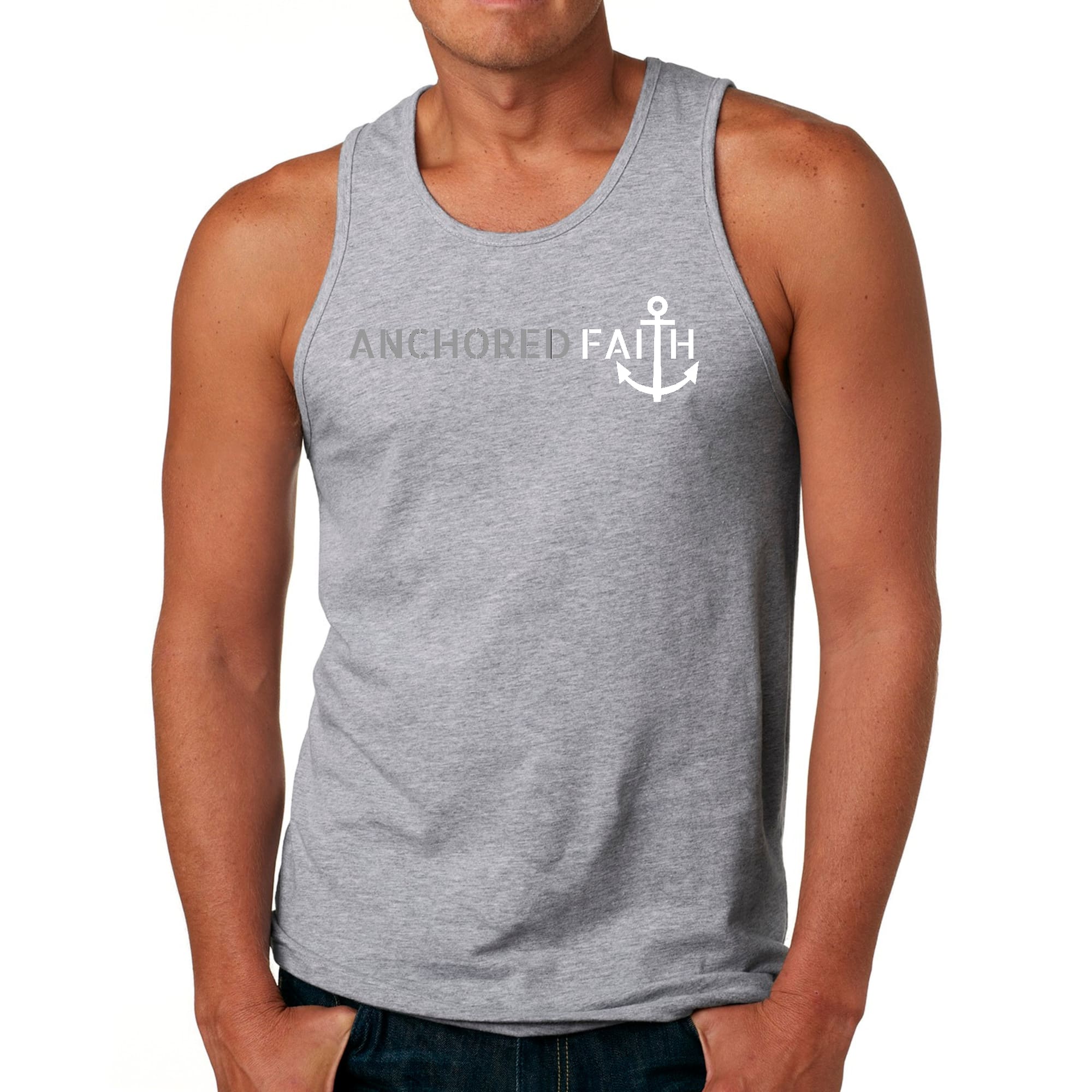 Mens Fitness Tank Top Graphic T-shirt Anchored Faith Grey and White