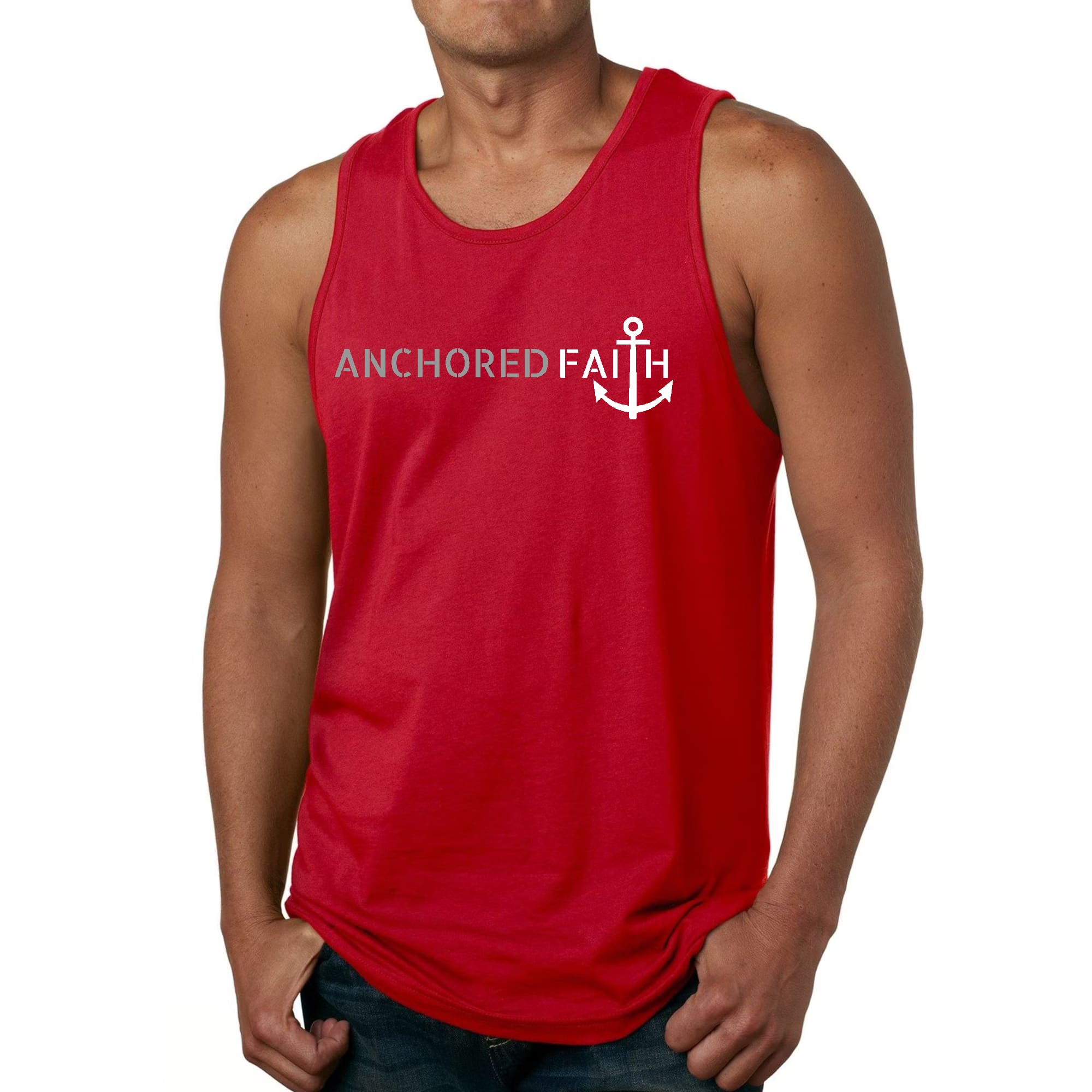Mens Fitness Tank Top Graphic T-shirt Anchored Faith Grey and White