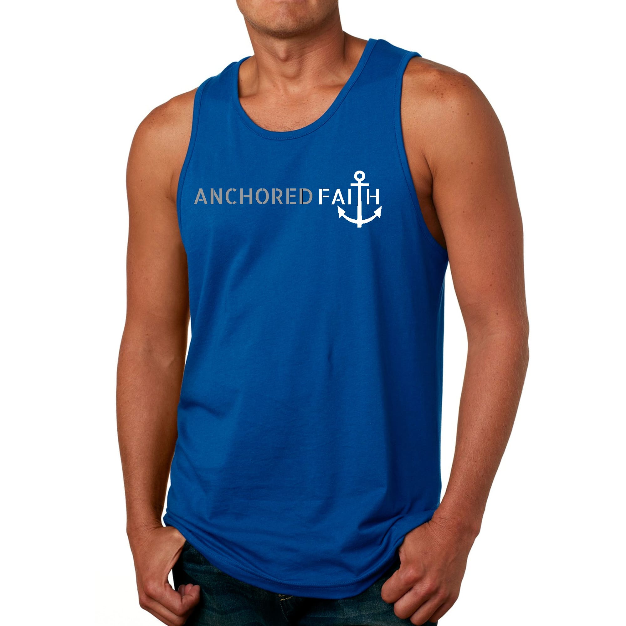Mens Fitness Tank Top Graphic T-shirt Anchored Faith Grey and White