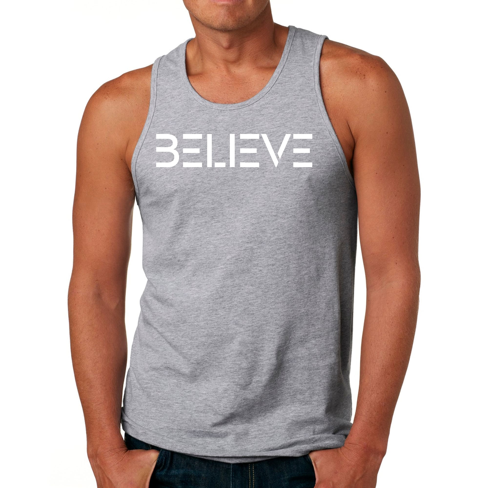 Mens Fitness Tank Top Graphic T-shirt Believe White Print