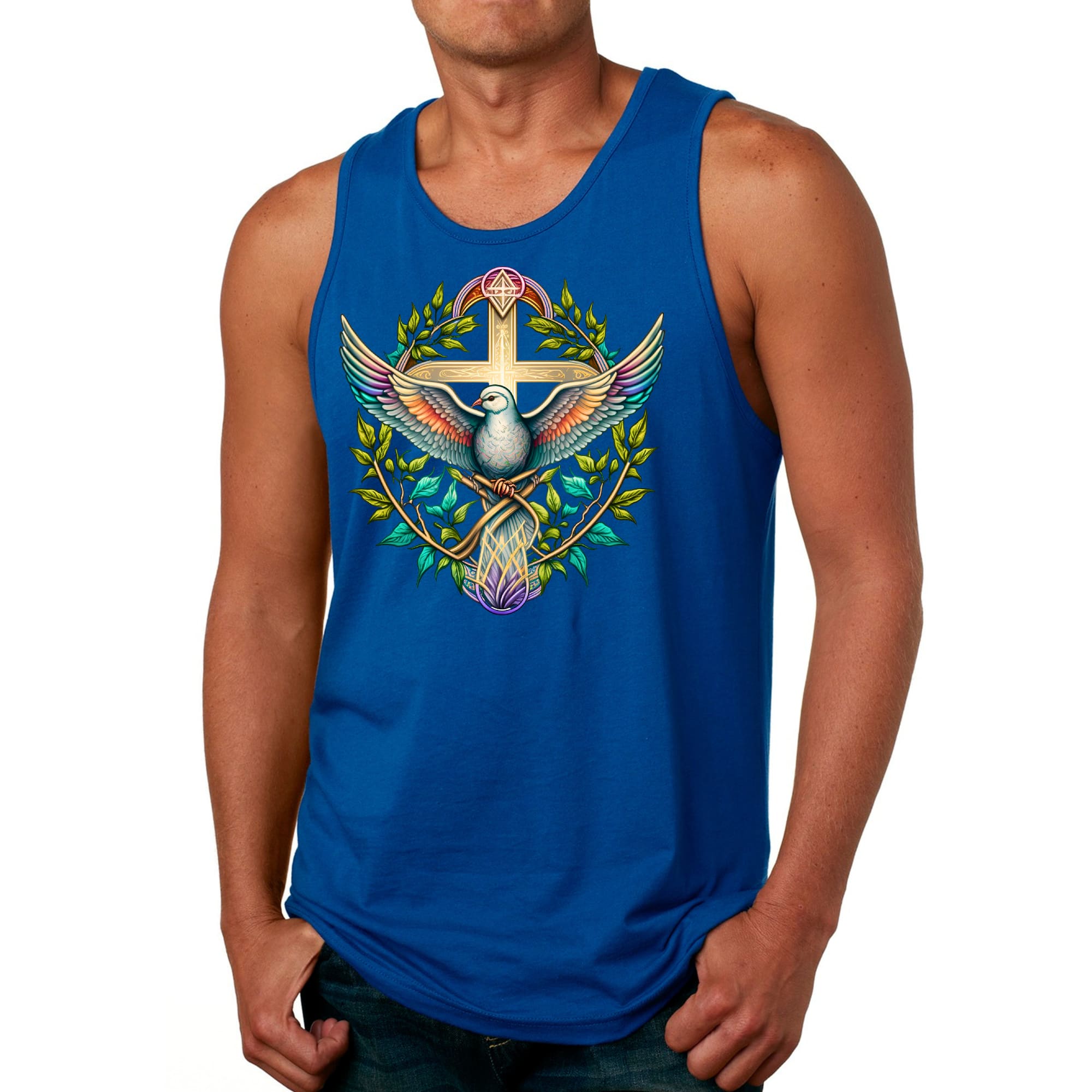 Mens Fitness Tank Top Graphic T-shirt Blue Green Multicolor Dove