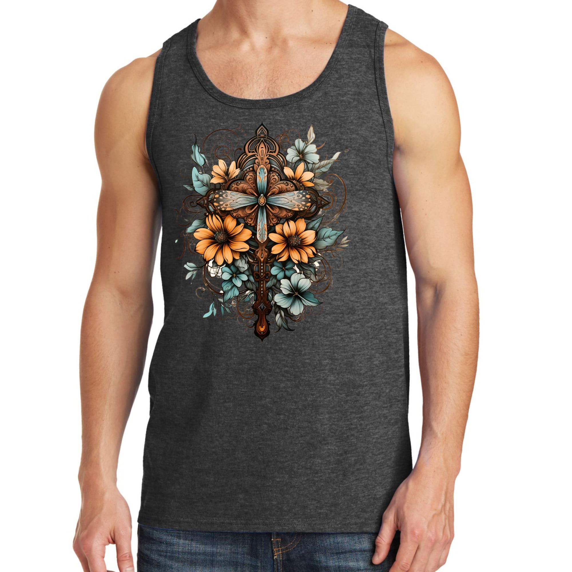 Mens Fitness Tank Top Graphic T-shirt Christian Cross Floral Bouquet