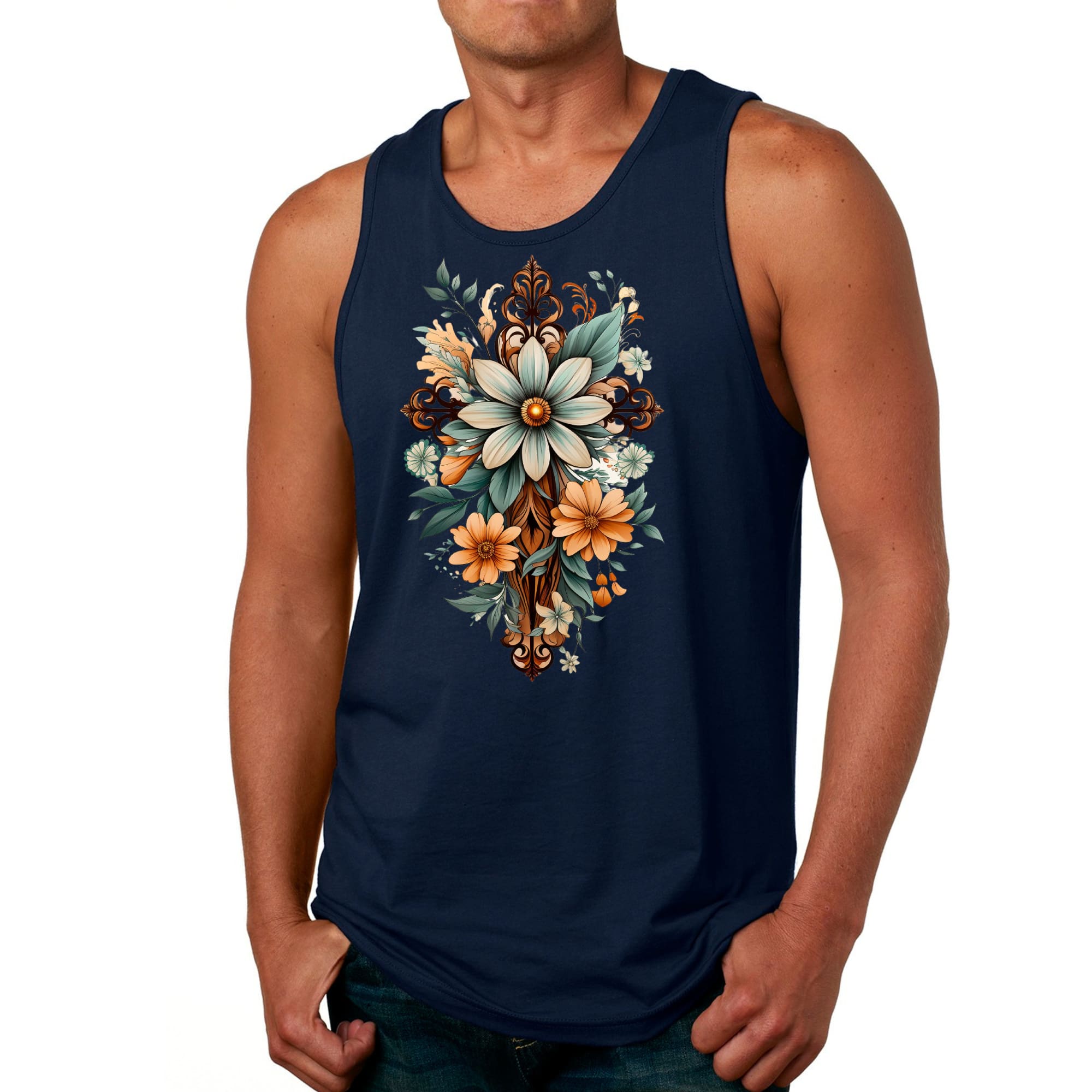 Mens Fitness Tank Top Graphic T-shirt Christian Cross Floral Bouquet