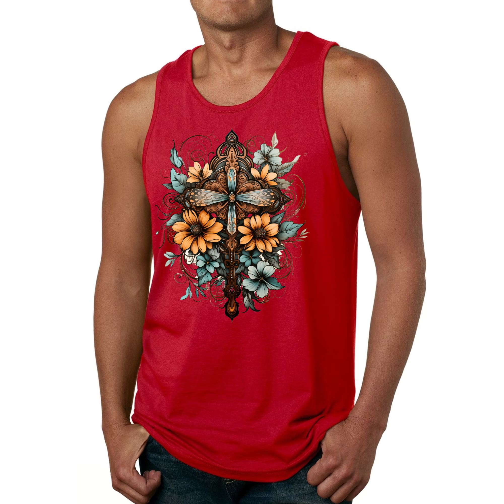 Mens Fitness Tank Top Graphic T-shirt Christian Cross Floral Bouquet