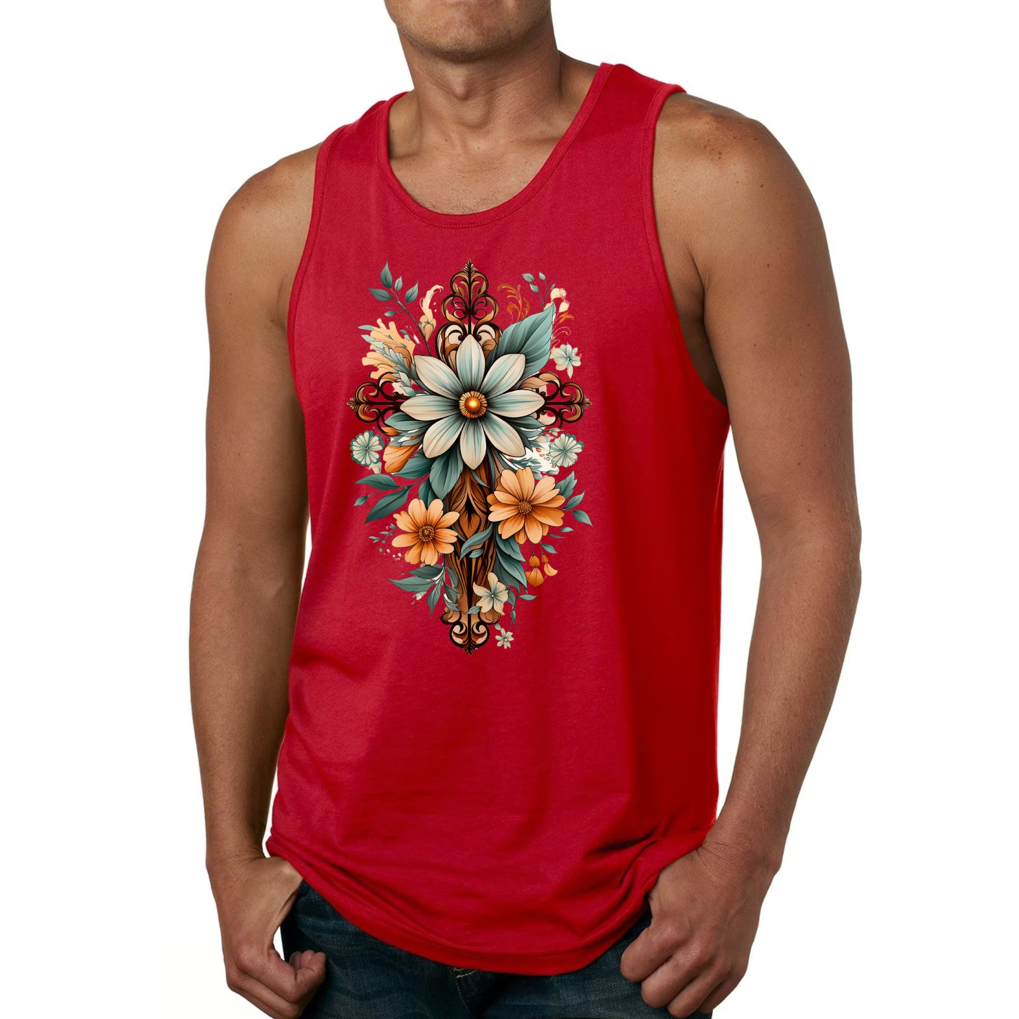 Mens Fitness Tank Top Graphic T-shirt Christian Cross Floral Bouquet