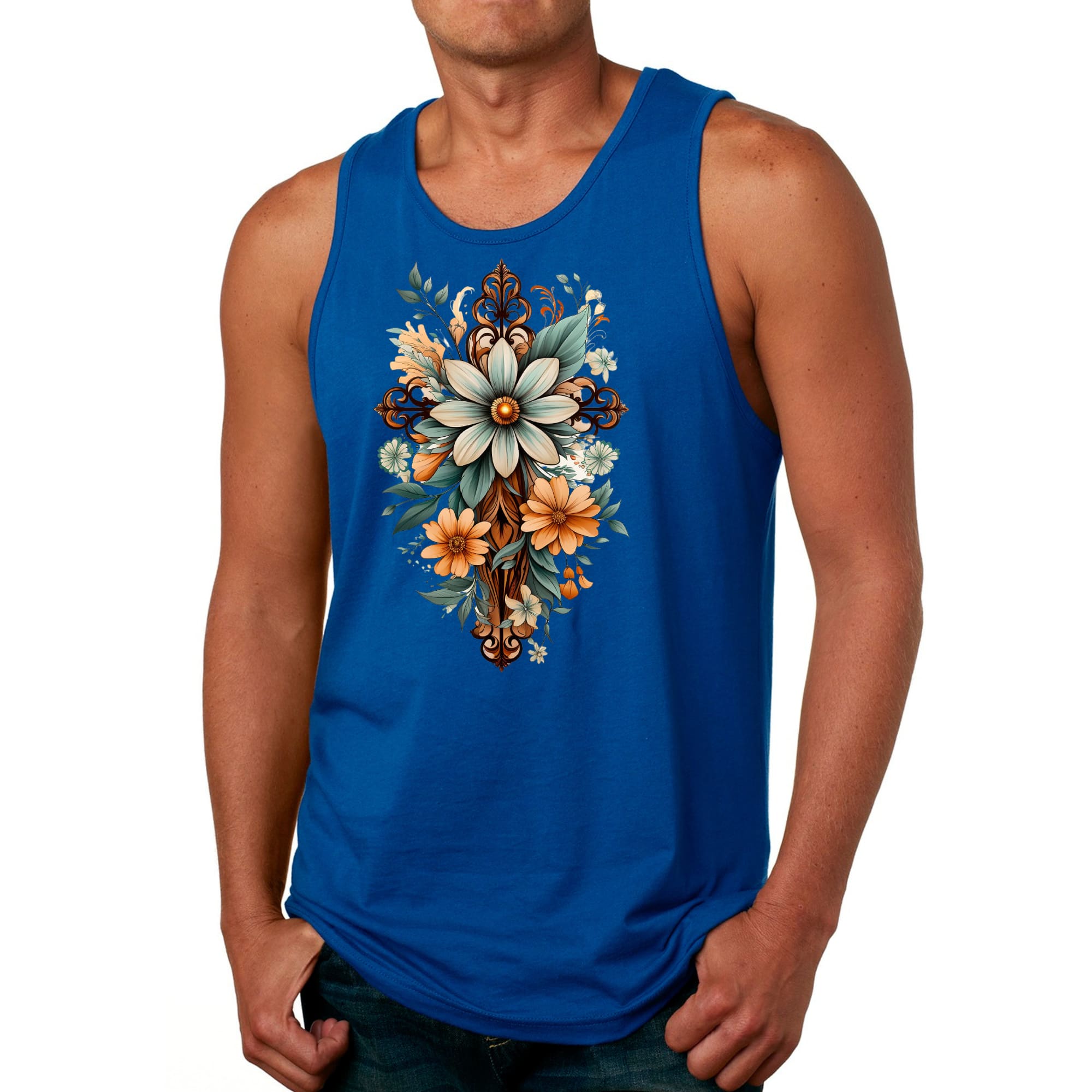 Mens Fitness Tank Top Graphic T-shirt Christian Cross Floral Bouquet