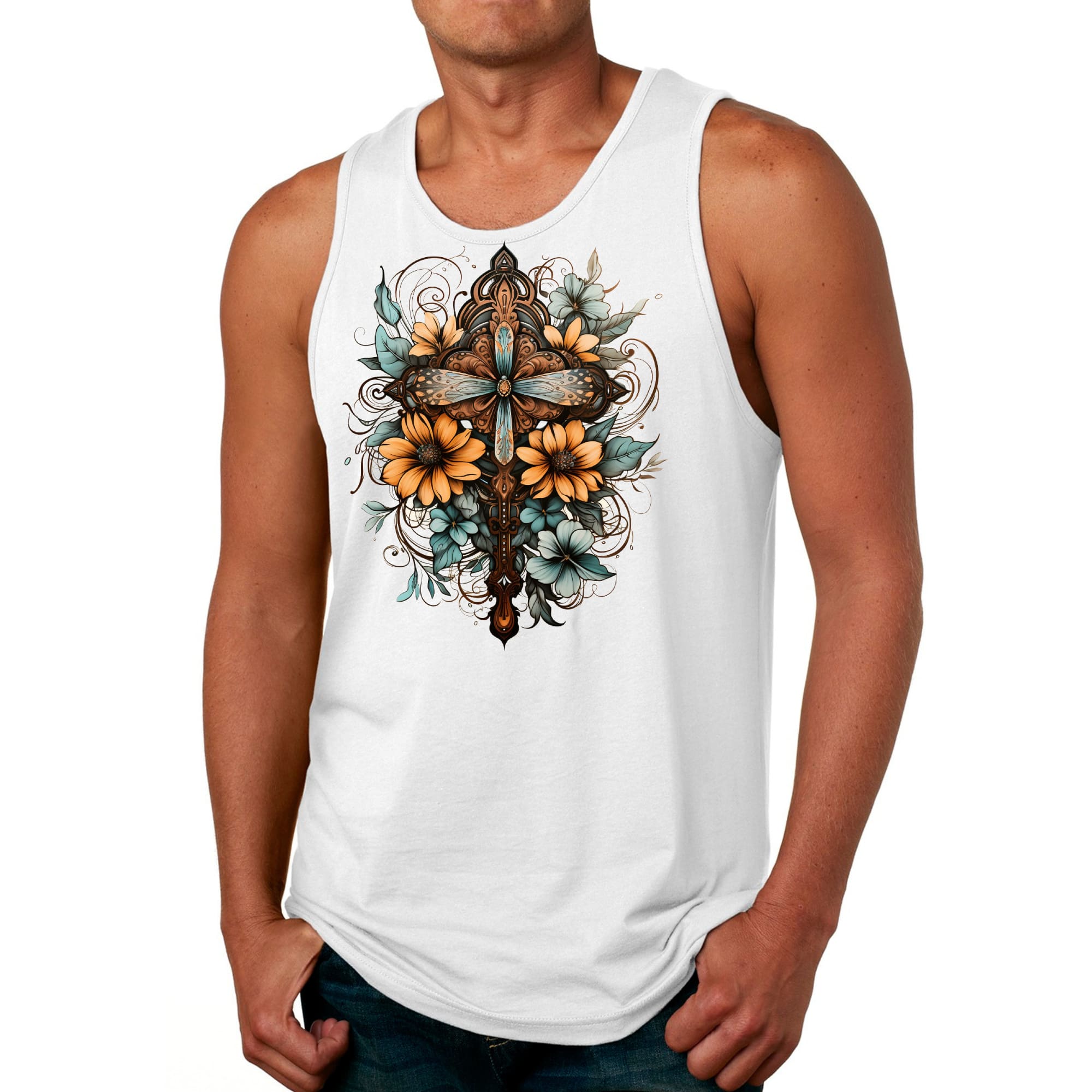 Mens Fitness Tank Top Graphic T-shirt Christian Cross Floral Bouquet