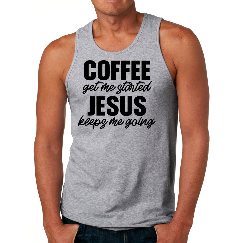 Mens Fitness Tank Top Graphic T-shirt Coffee Get me Started - Jesus