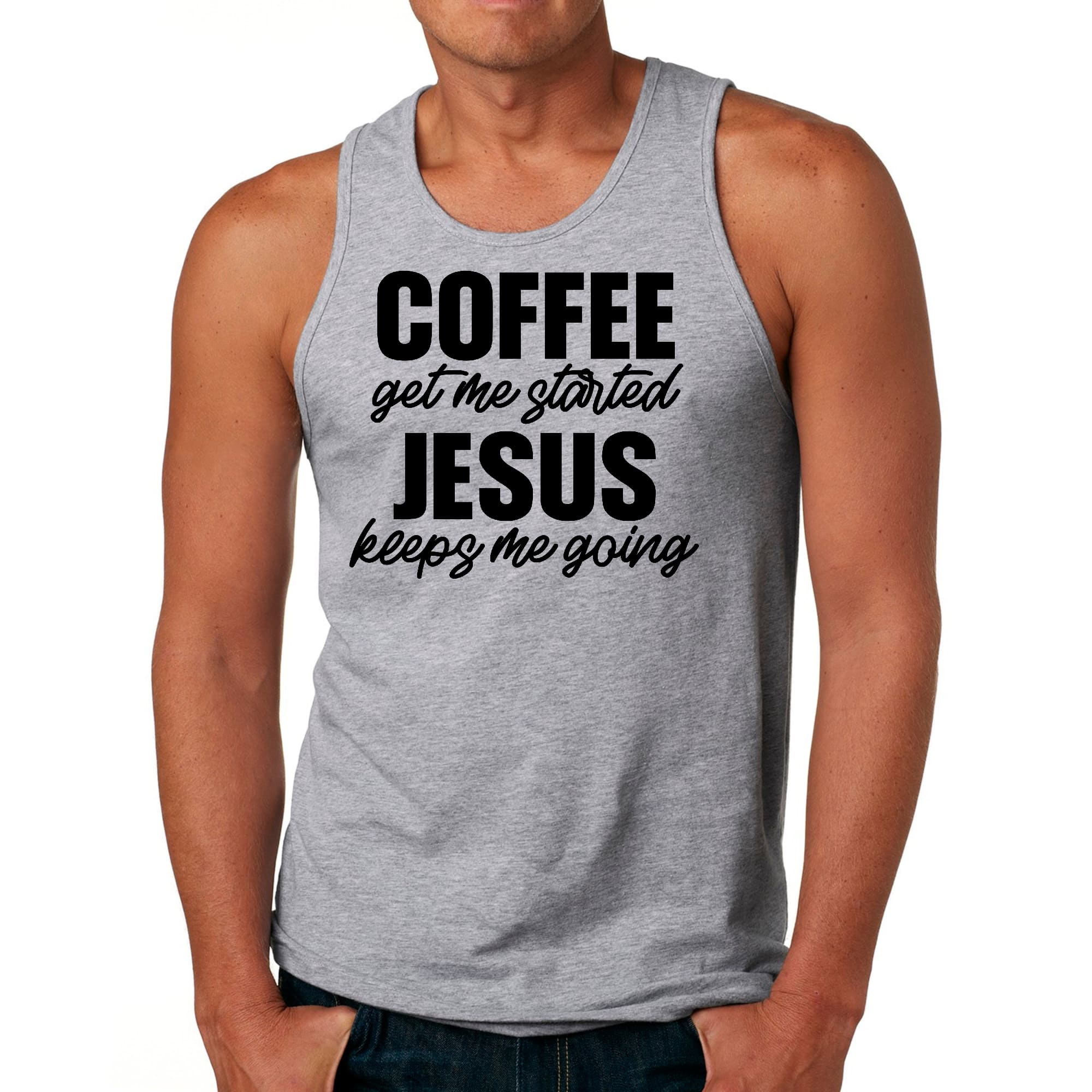 Mens Fitness Tank Top Graphic T-shirt Coffee Get me Started - Jesus