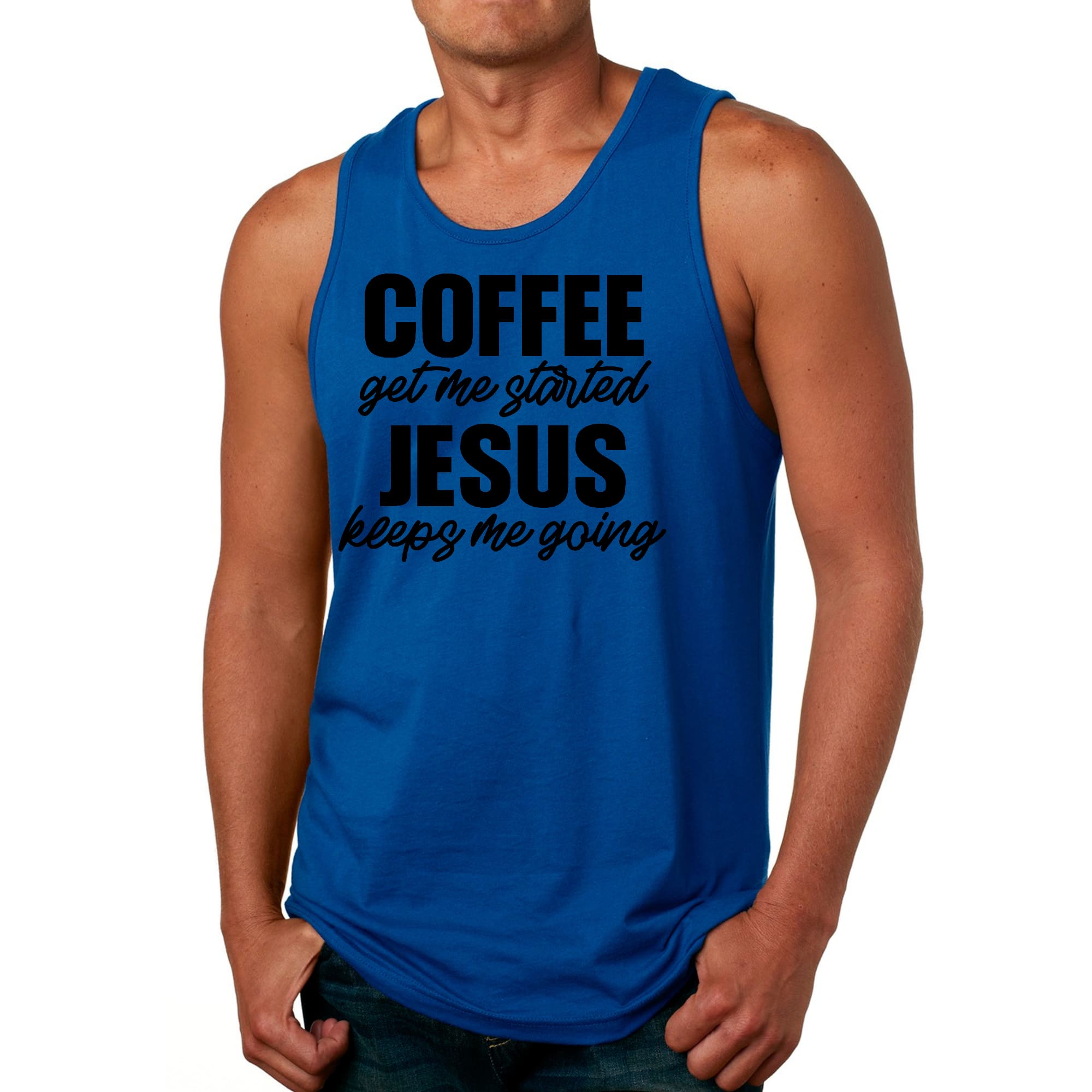 Mens Fitness Tank Top Graphic T-shirt Coffee Get me Started - Jesus