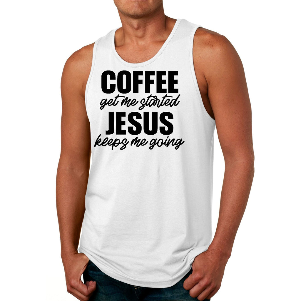 Mens Fitness Tank Top Graphic T-shirt Coffee Get me Started - Jesus