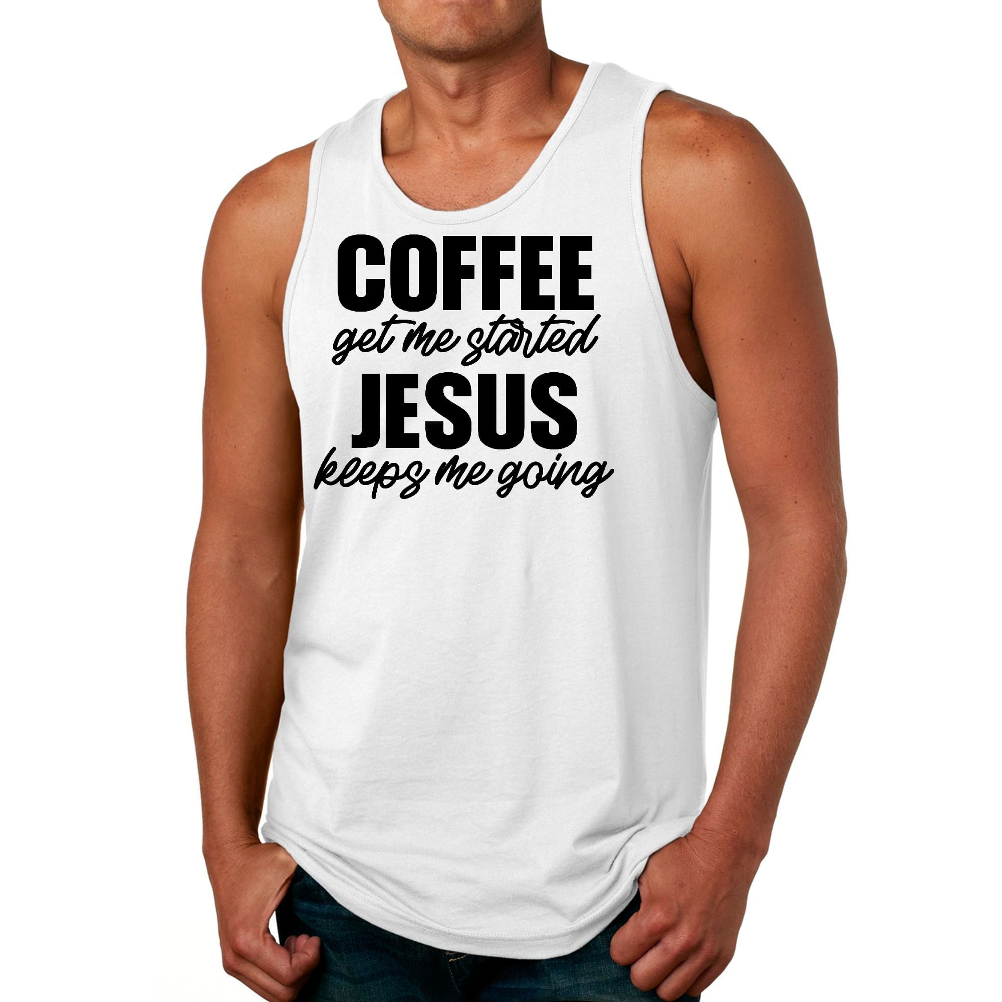 Mens Fitness Tank Top Graphic T-shirt Coffee Get me Started - Jesus