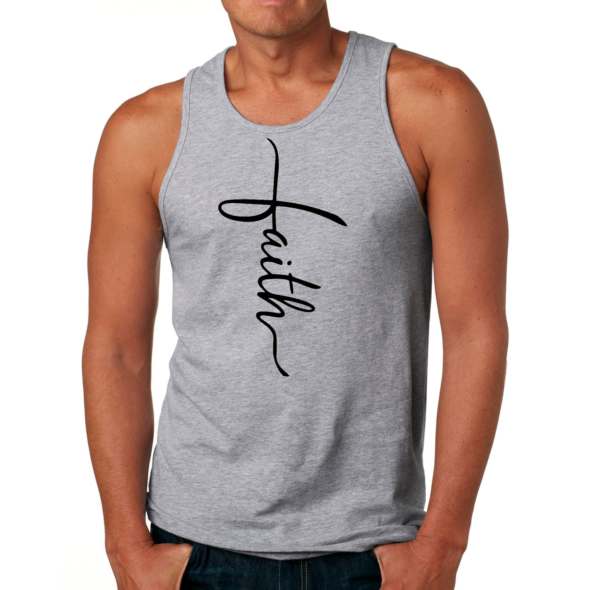 Mens Fitness Tank Top Graphic T-shirt Faith Script Cross Black