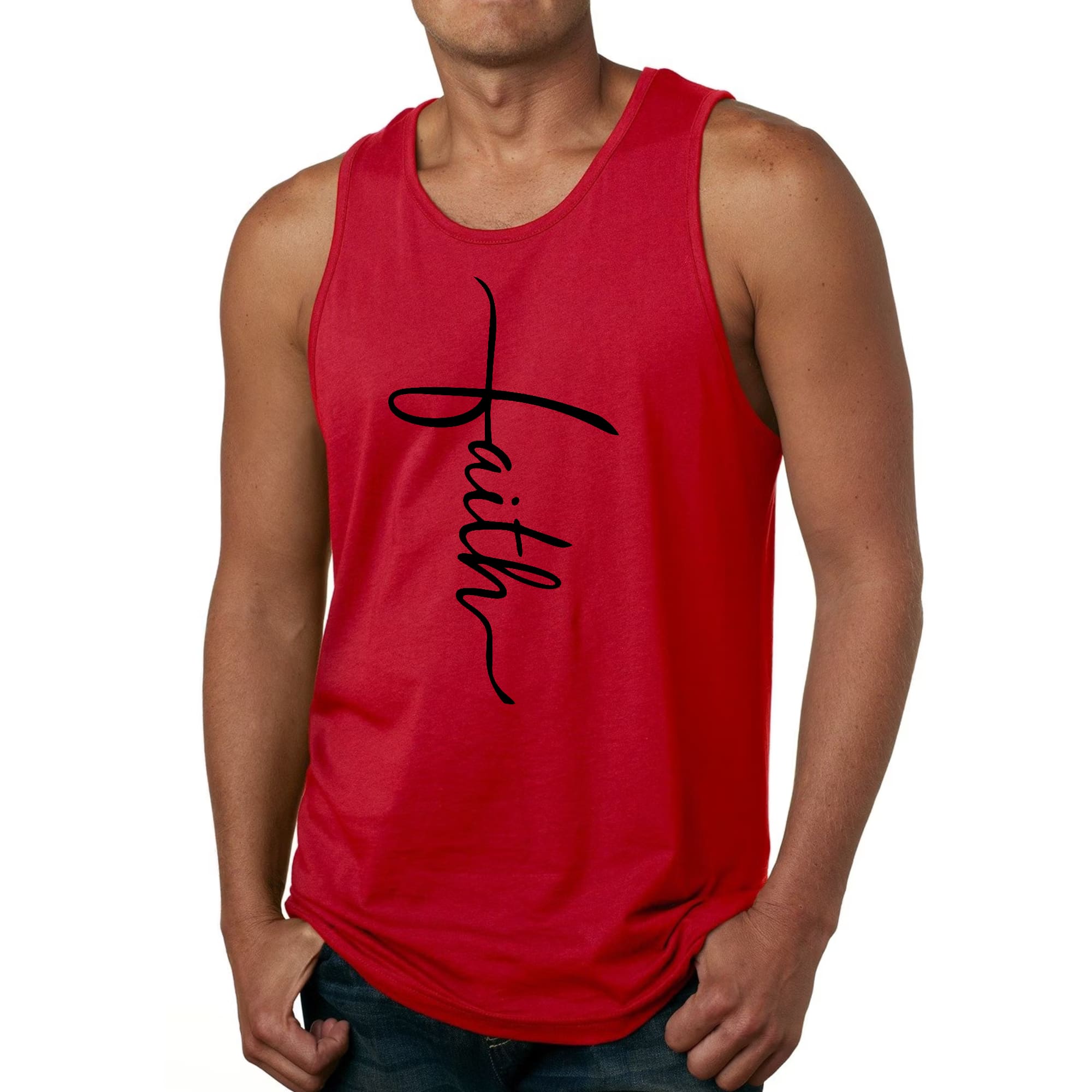 Mens Fitness Tank Top Graphic T-shirt Faith Script Cross Black