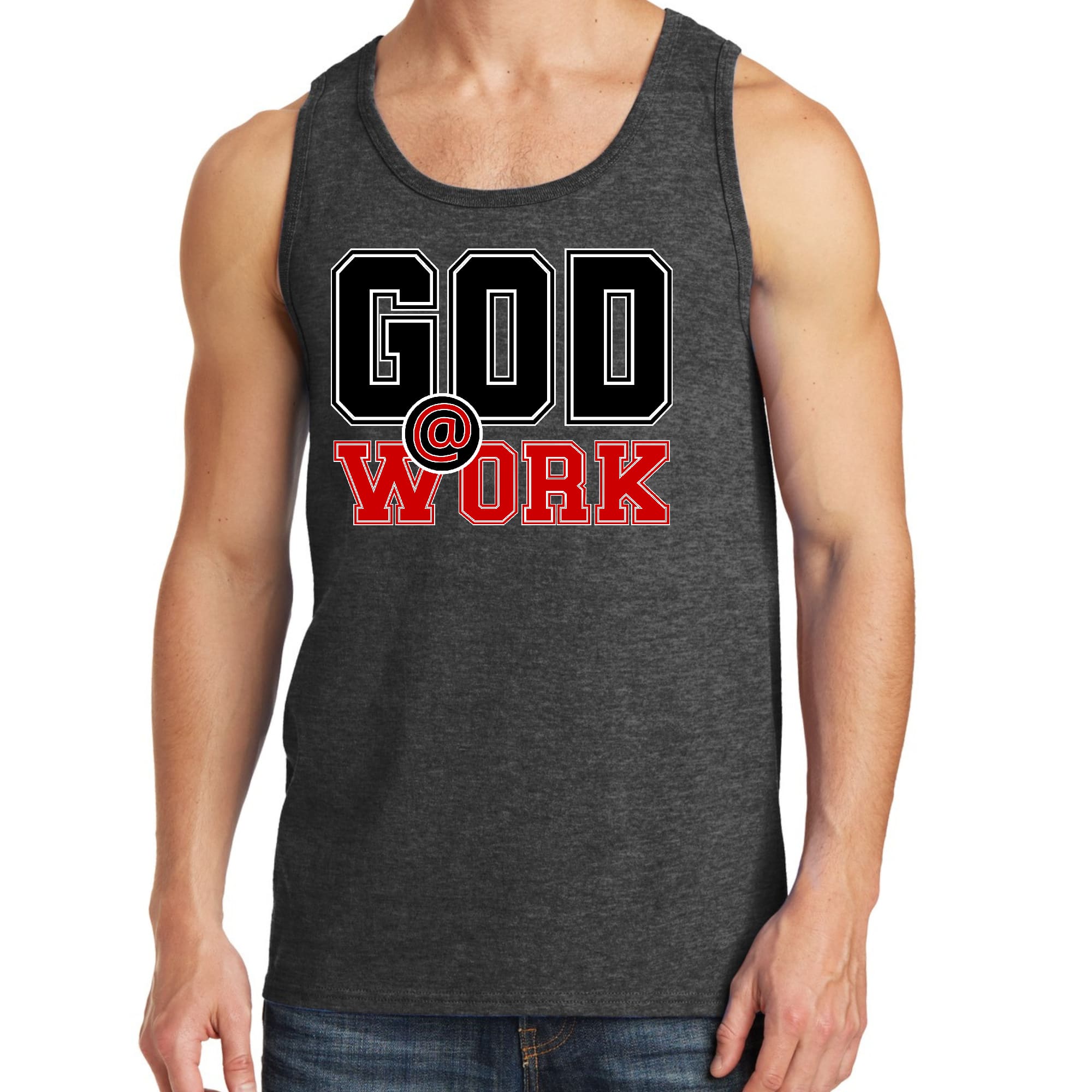 Mens Fitness Tank Top Graphic T-shirt God @ Work Black and Red Print