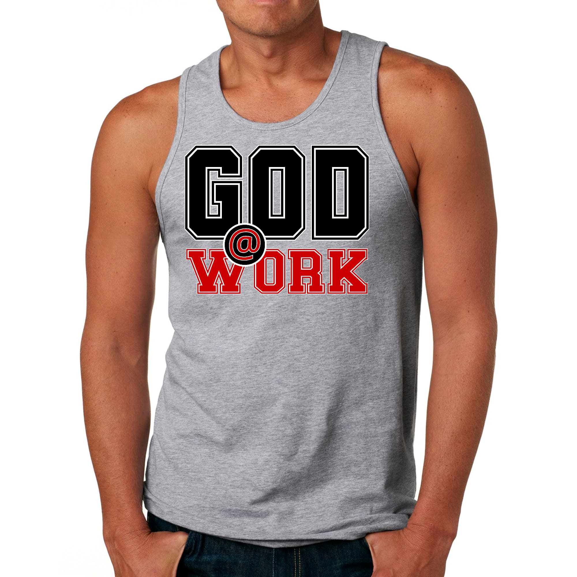 Mens Fitness Tank Top Graphic T-shirt God @ Work Black and Red Print