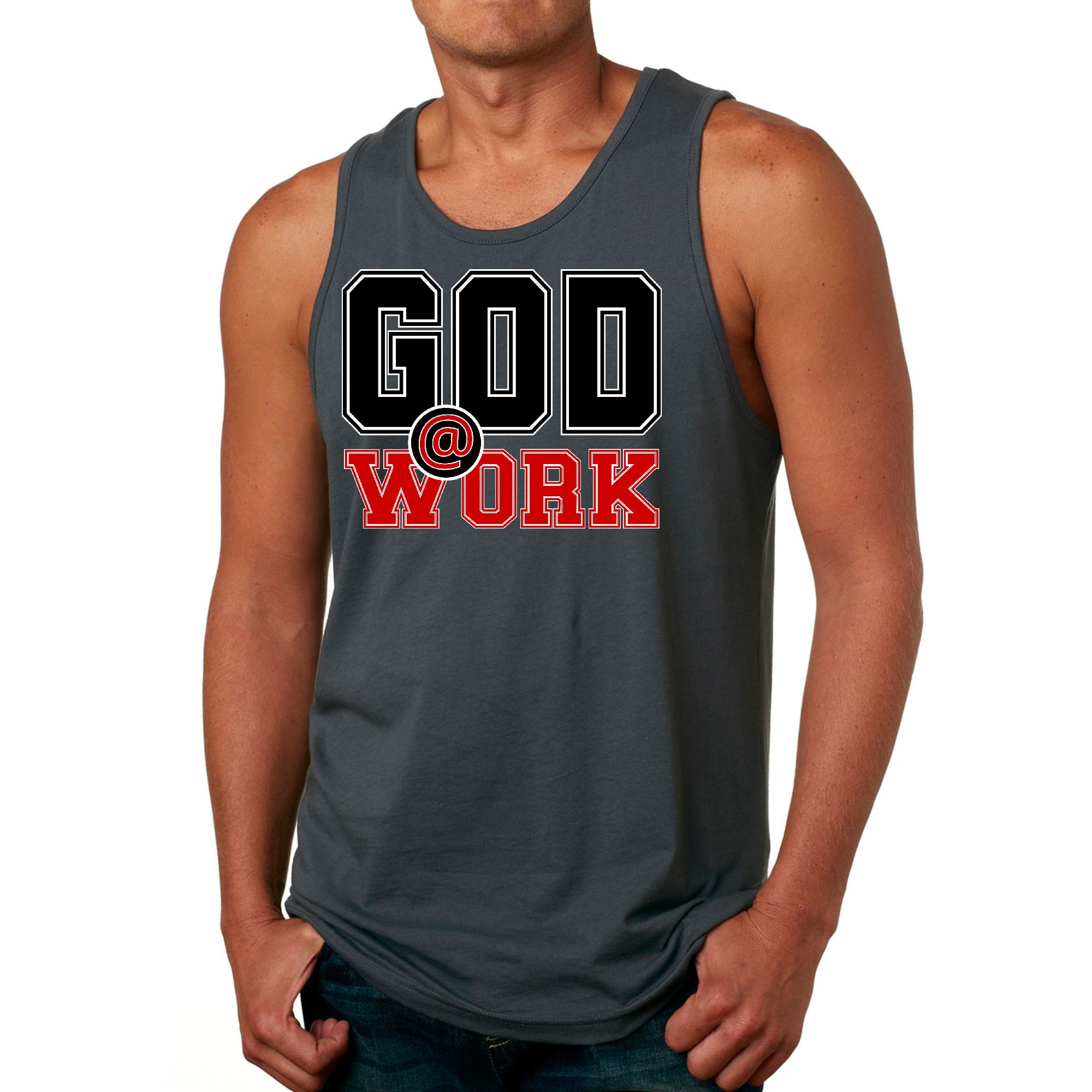 Mens Fitness Tank Top Graphic T-shirt God @ Work Black and Red Print