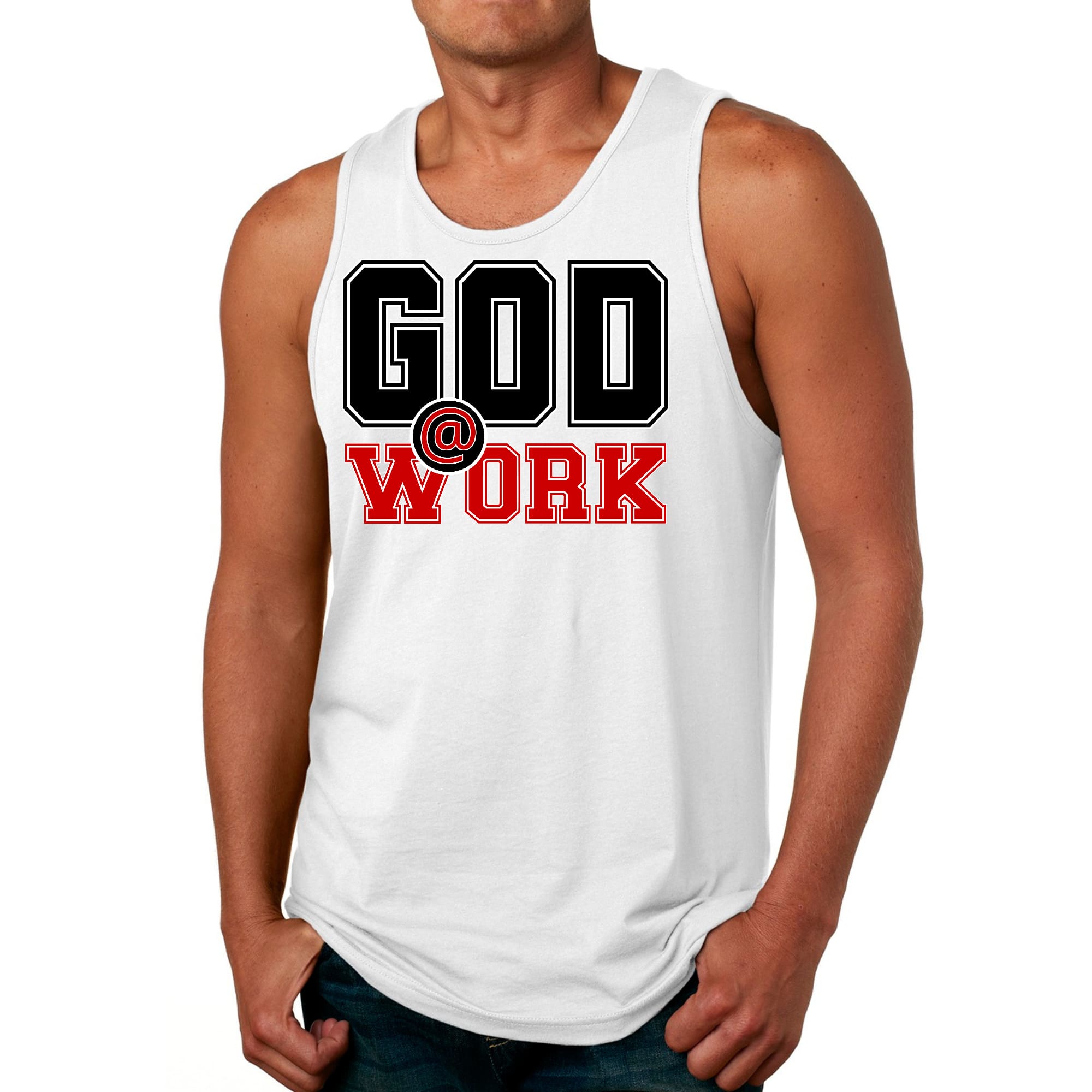 Mens Fitness Tank Top Graphic T-shirt God @ Work Black and Red Print