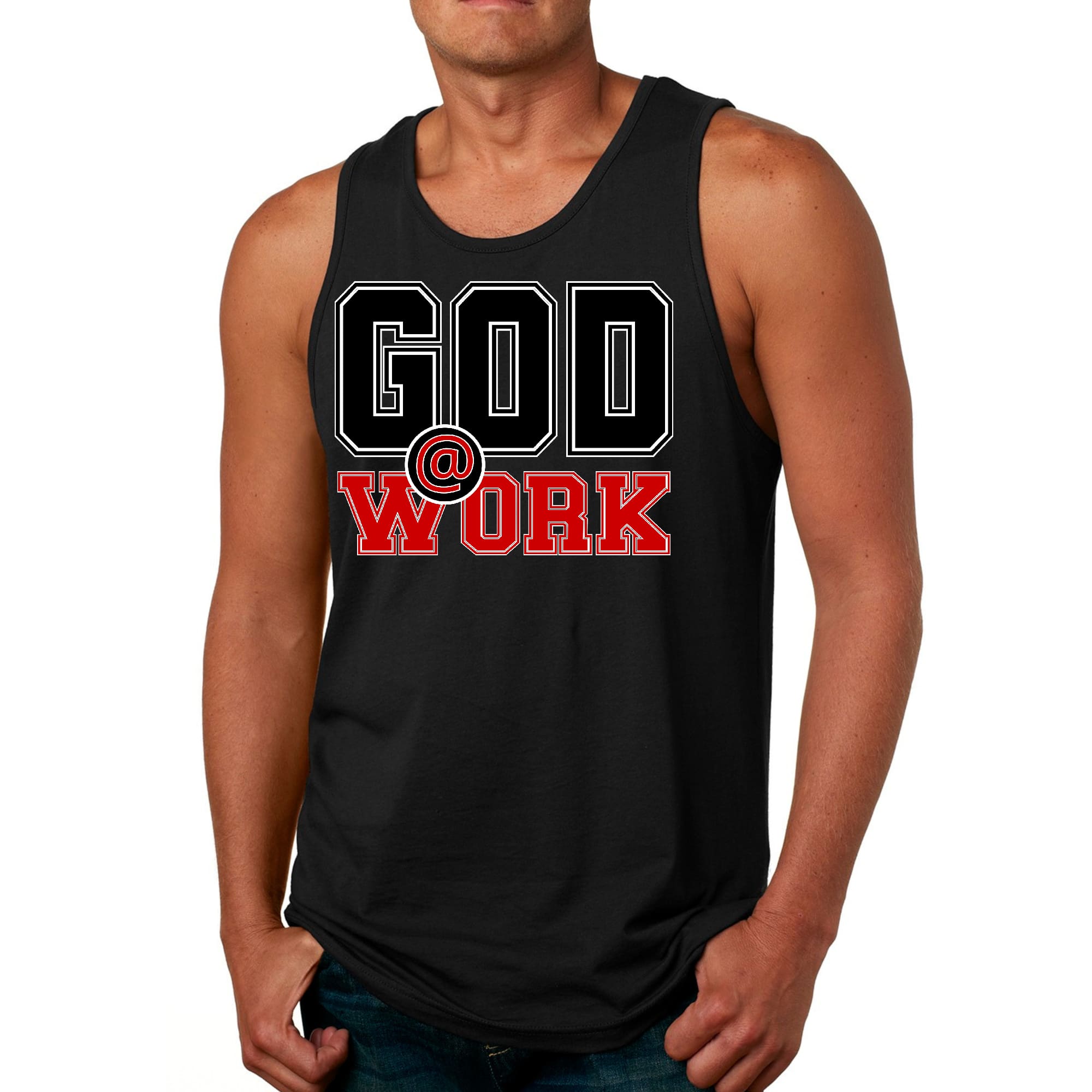 Mens Fitness Tank Top Graphic T-shirt God @ Work Black and Red Print