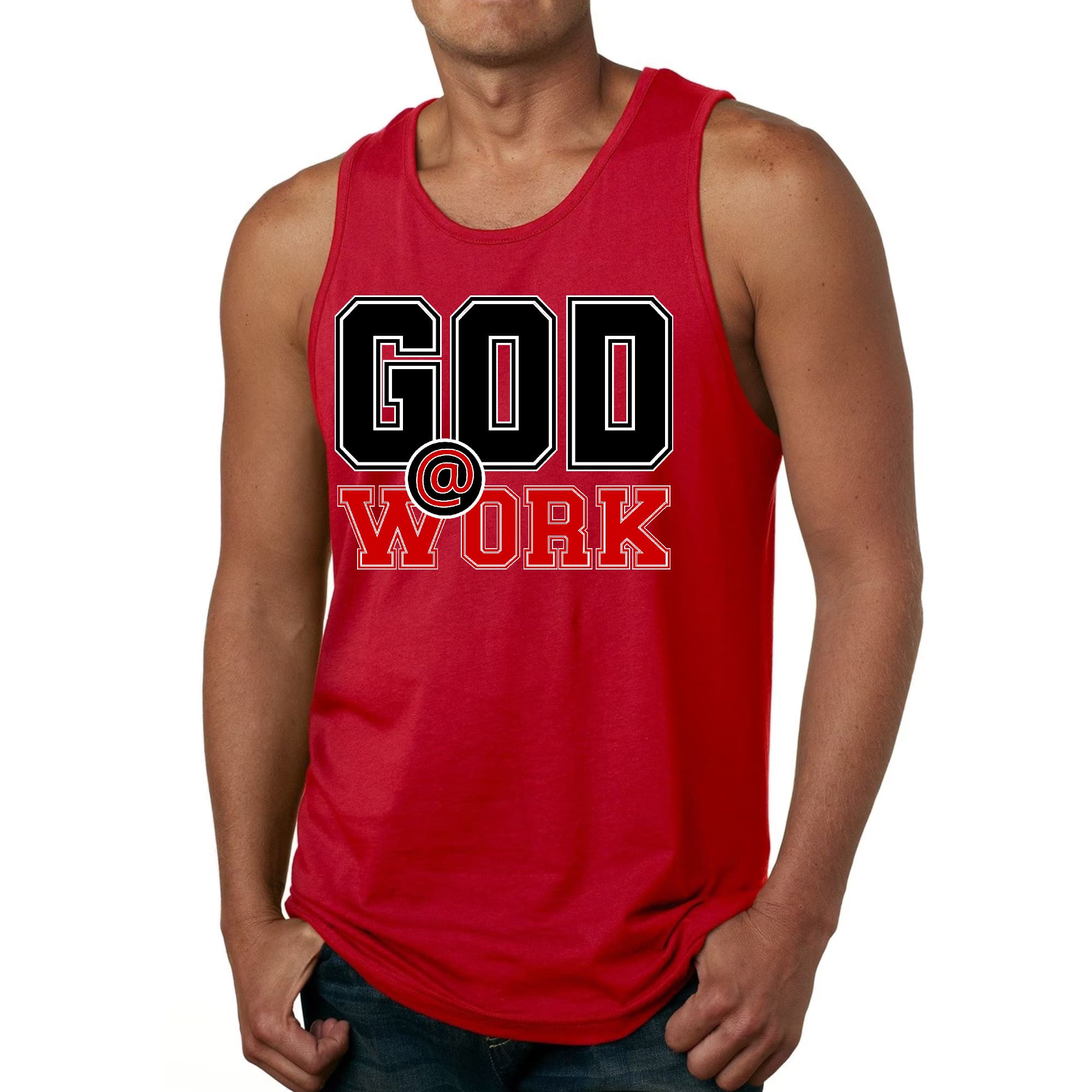 Mens Fitness Tank Top Graphic T-shirt God @ Work Black and Red Print