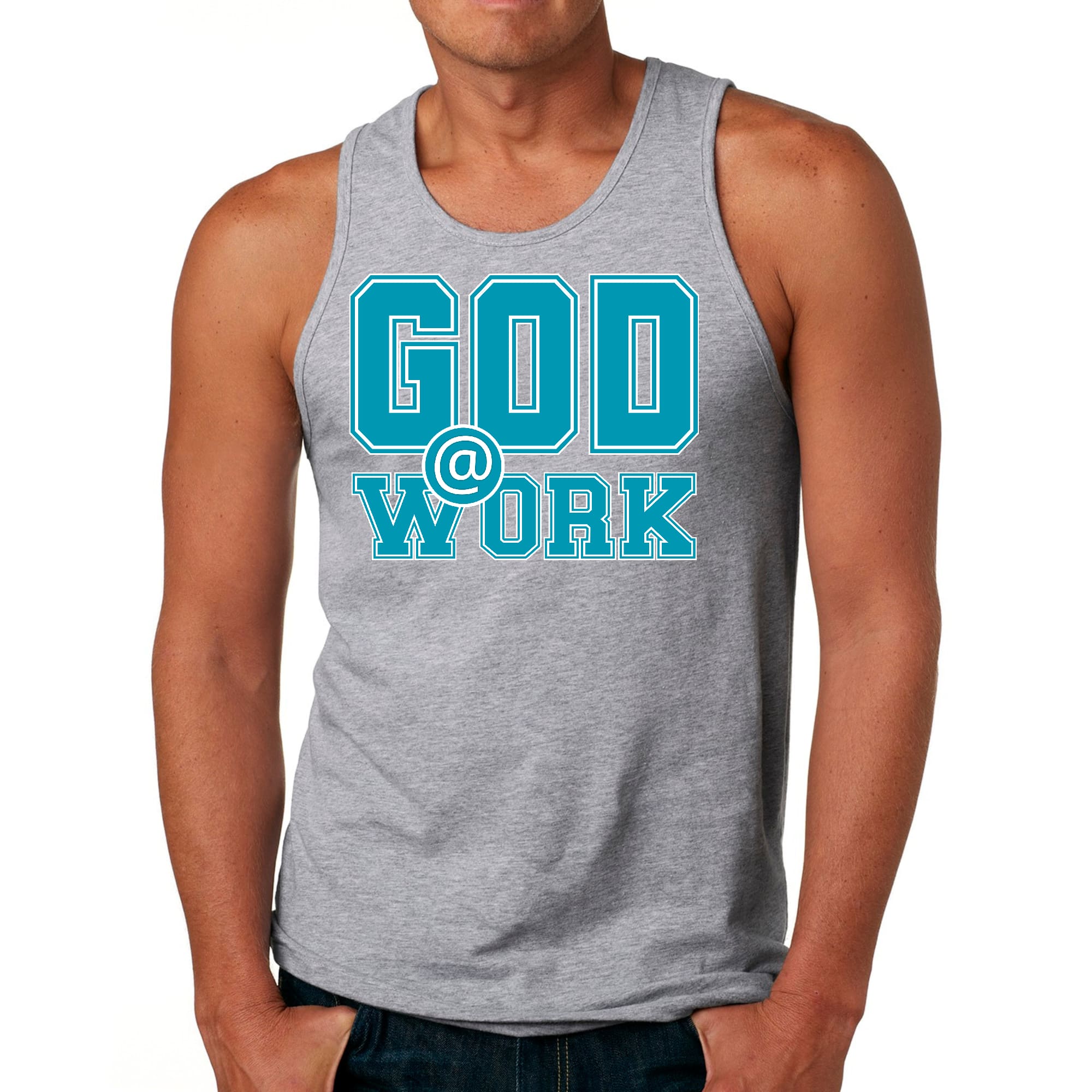 Mens Fitness Tank Top Graphic T-shirt God @ Work Blue Green and White