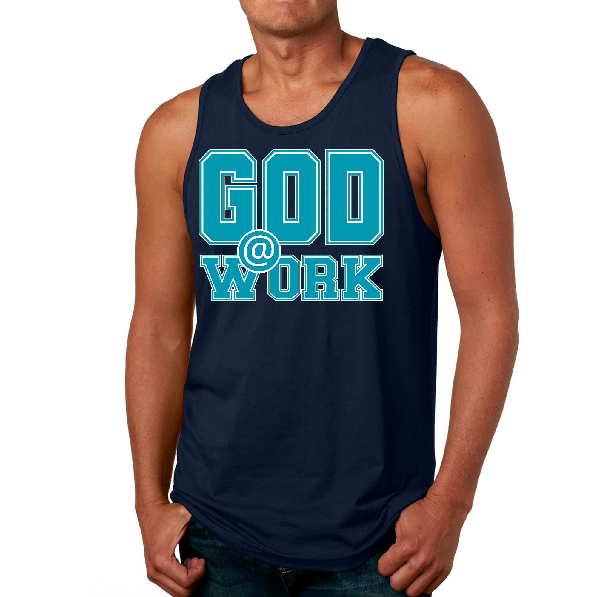 Mens Fitness Tank Top Graphic T-shirt God @ Work Blue Green and White