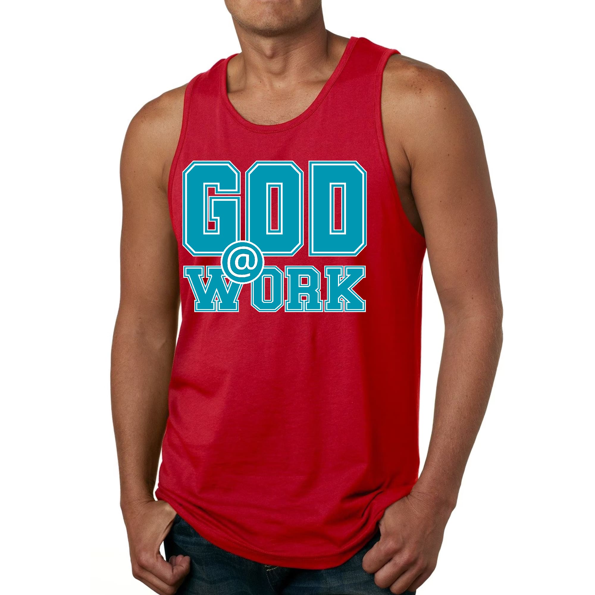Mens Fitness Tank Top Graphic T-shirt God @ Work Blue Green and White