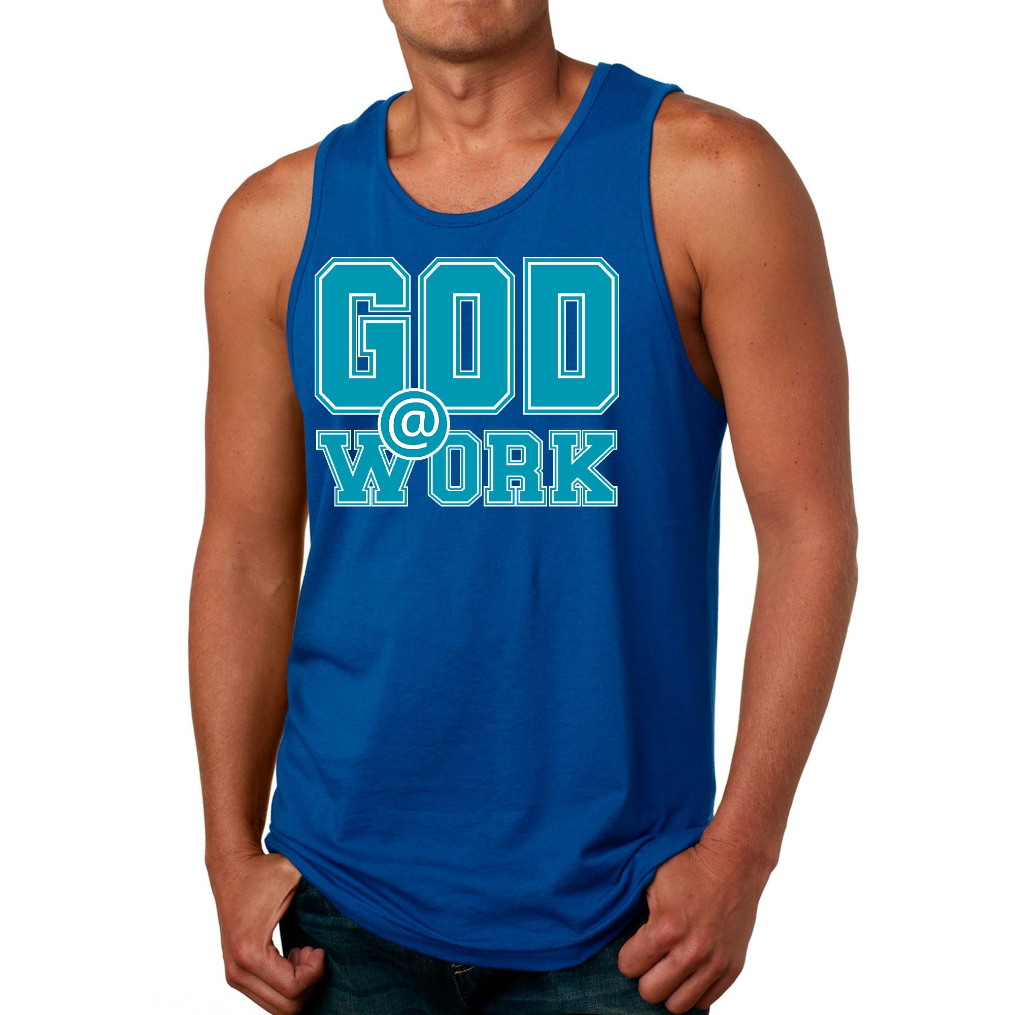 Mens Fitness Tank Top Graphic T-shirt God @ Work Blue Green and White