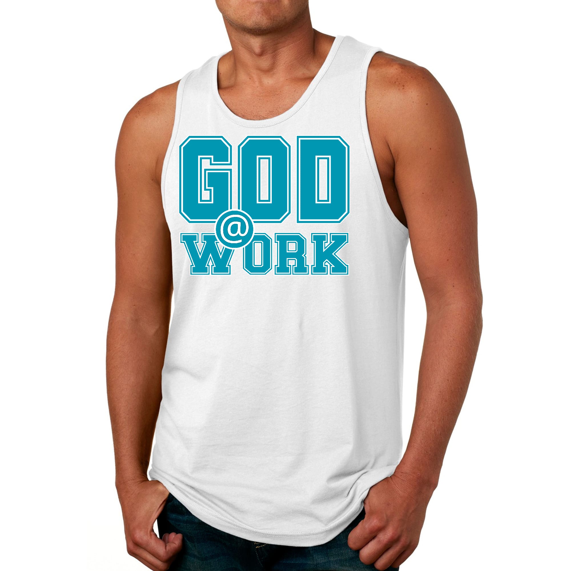 Mens Fitness Tank Top Graphic T-shirt God @ Work Blue Green and White