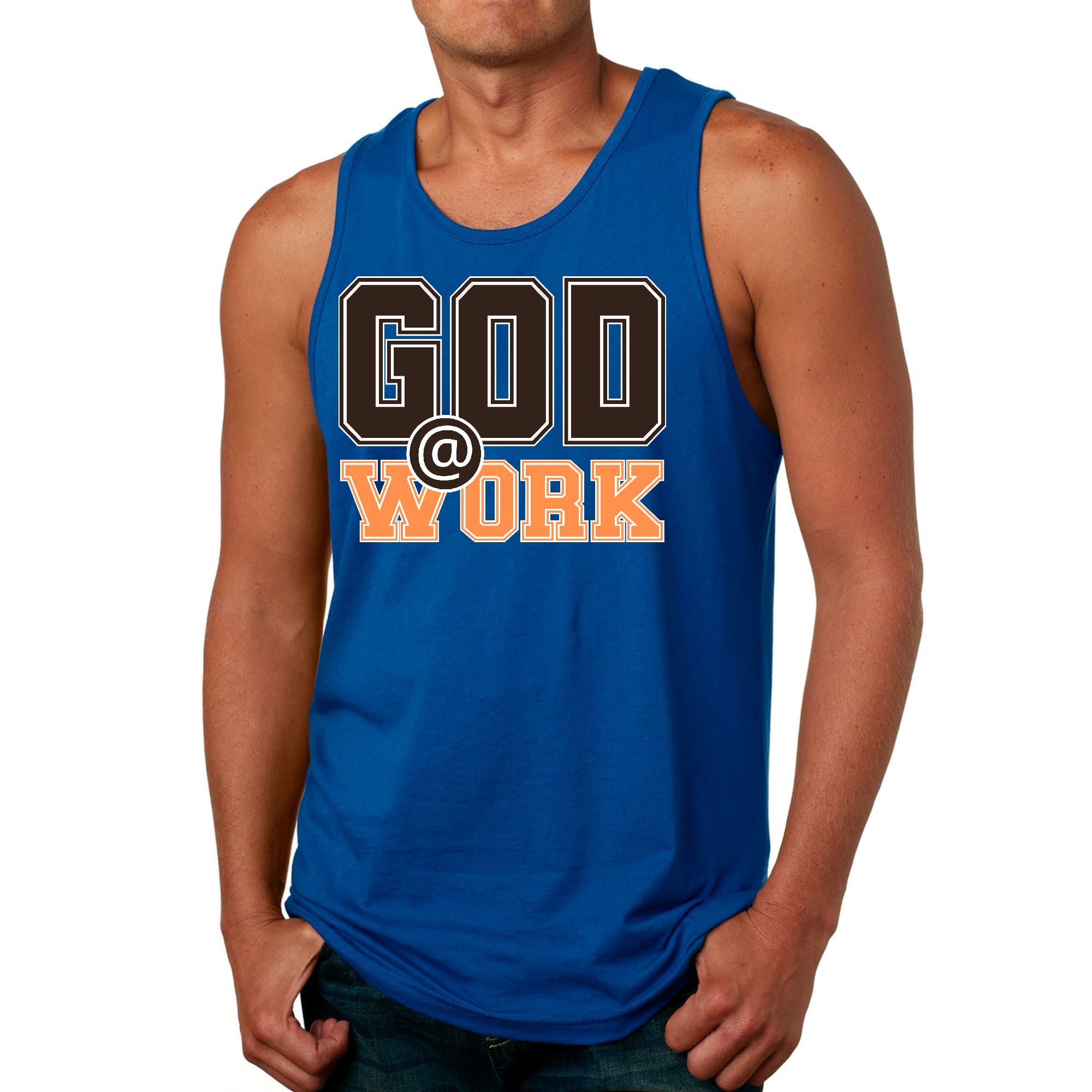Mens Fitness Tank Top Graphic T-shirt God @ Work Brown and Orange