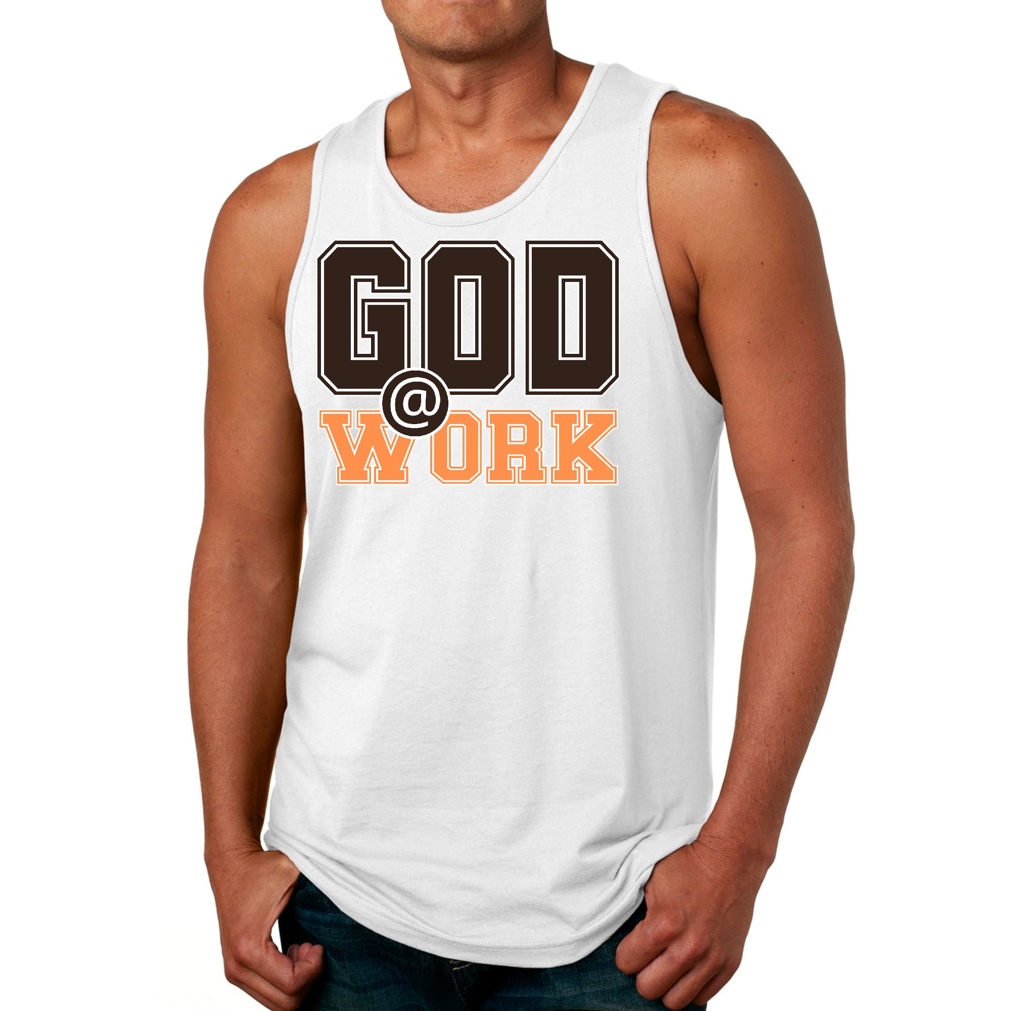 Mens Fitness Tank Top Graphic T-shirt God @ Work Brown and Orange