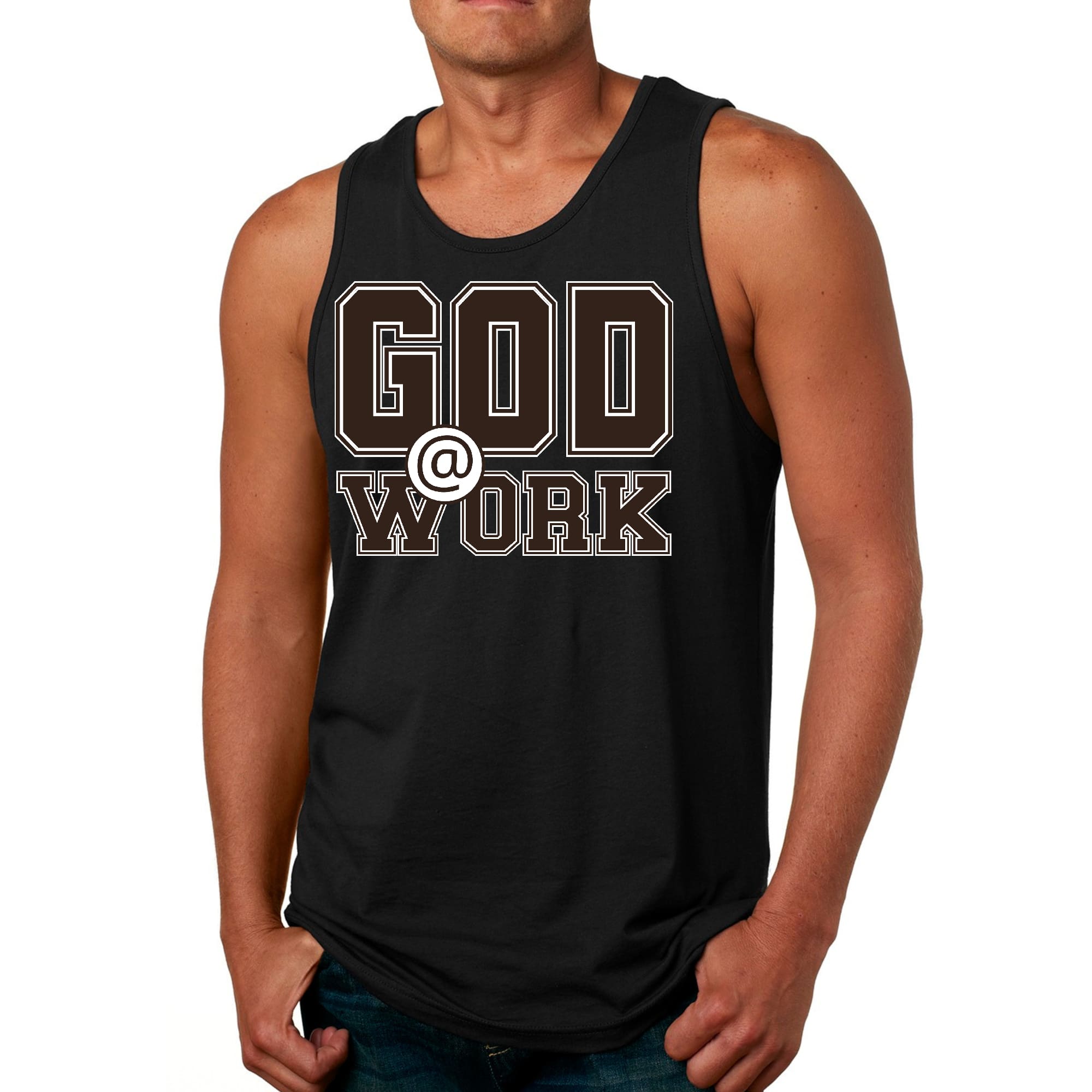 Mens Fitness Tank Top Graphic T-shirt God @ Work Brown and White Print