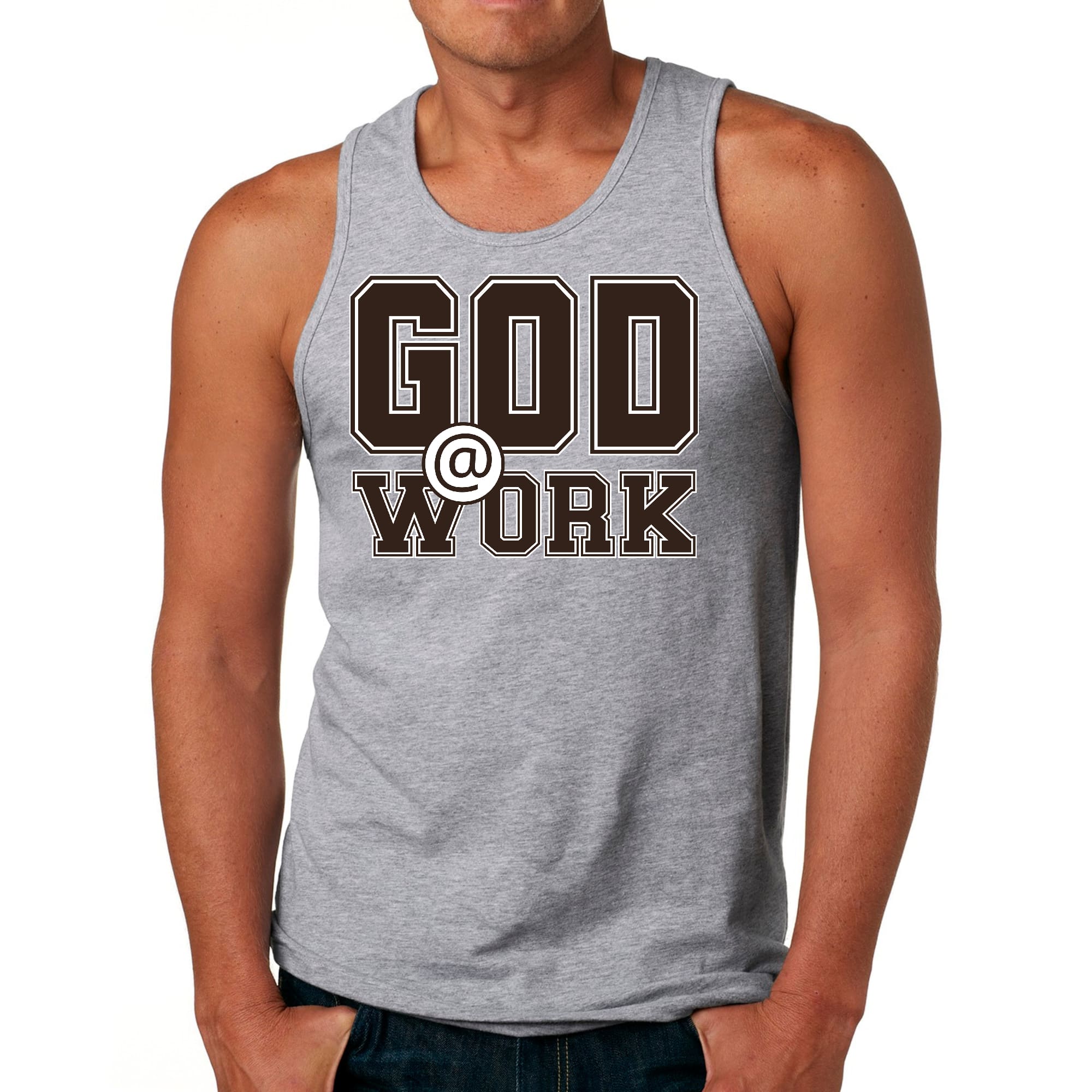 Mens Fitness Tank Top Graphic T-shirt God @ Work Brown and White Print