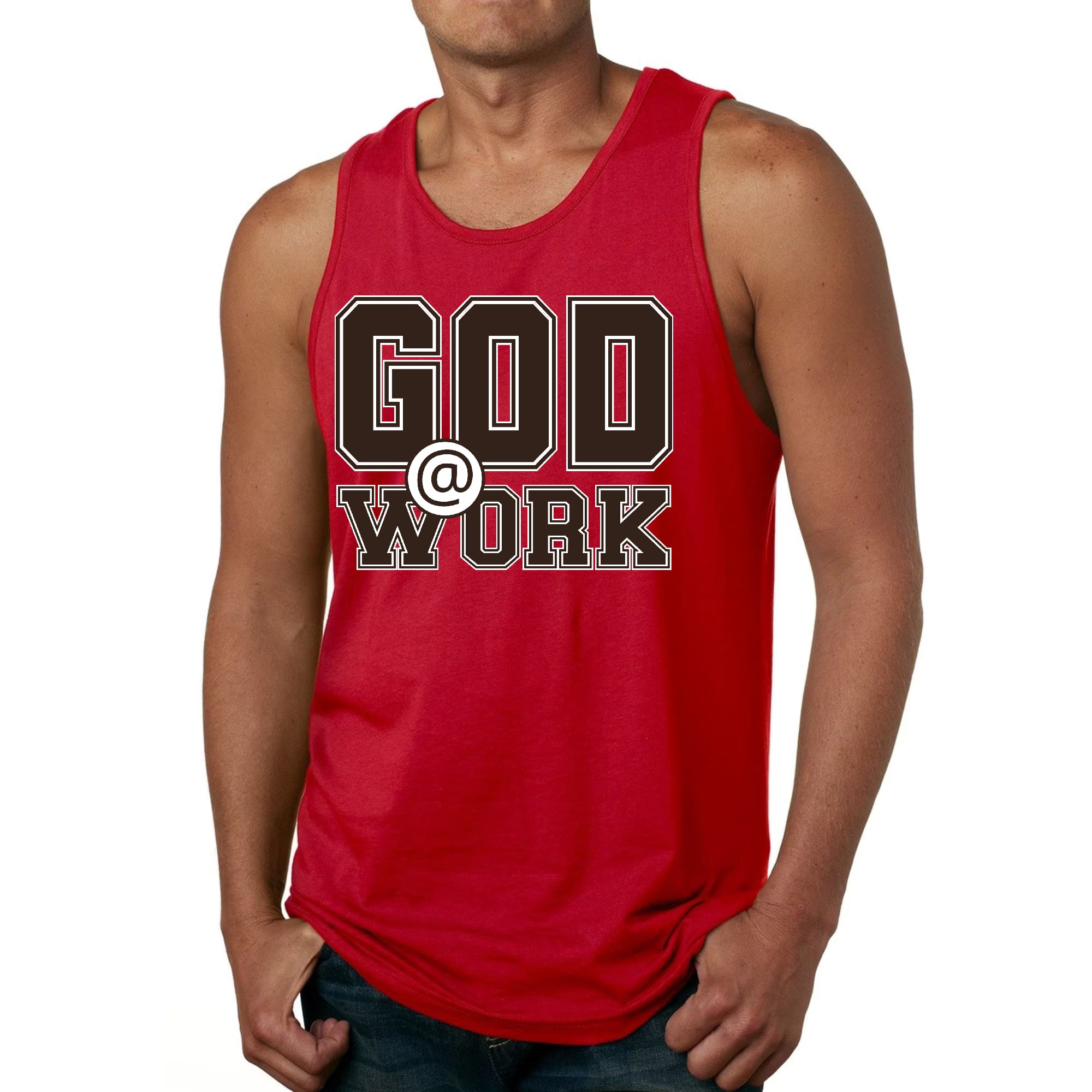 Mens Fitness Tank Top Graphic T-shirt God @ Work Brown and White Print