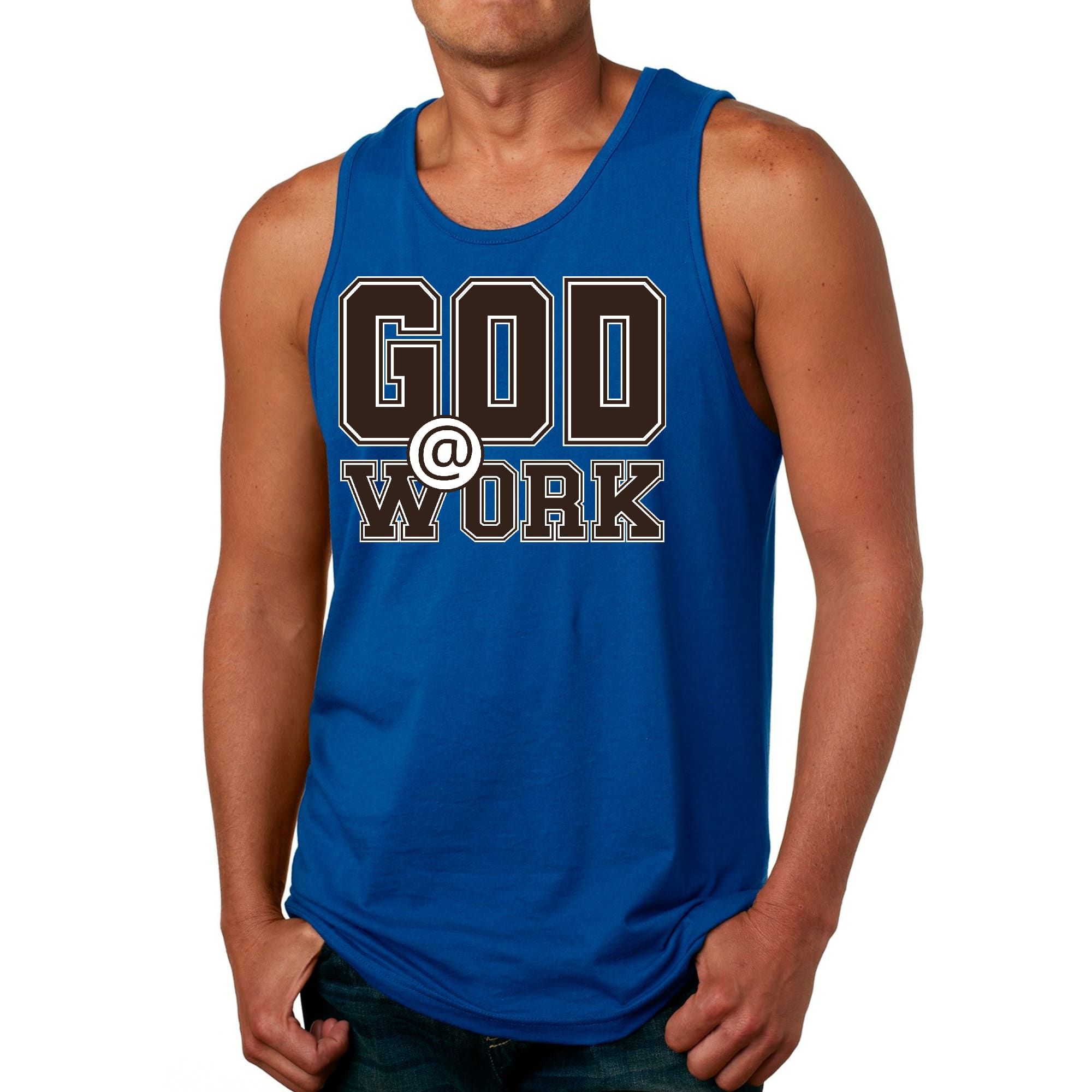 Mens Fitness Tank Top Graphic T-shirt God @ Work Brown and White Print