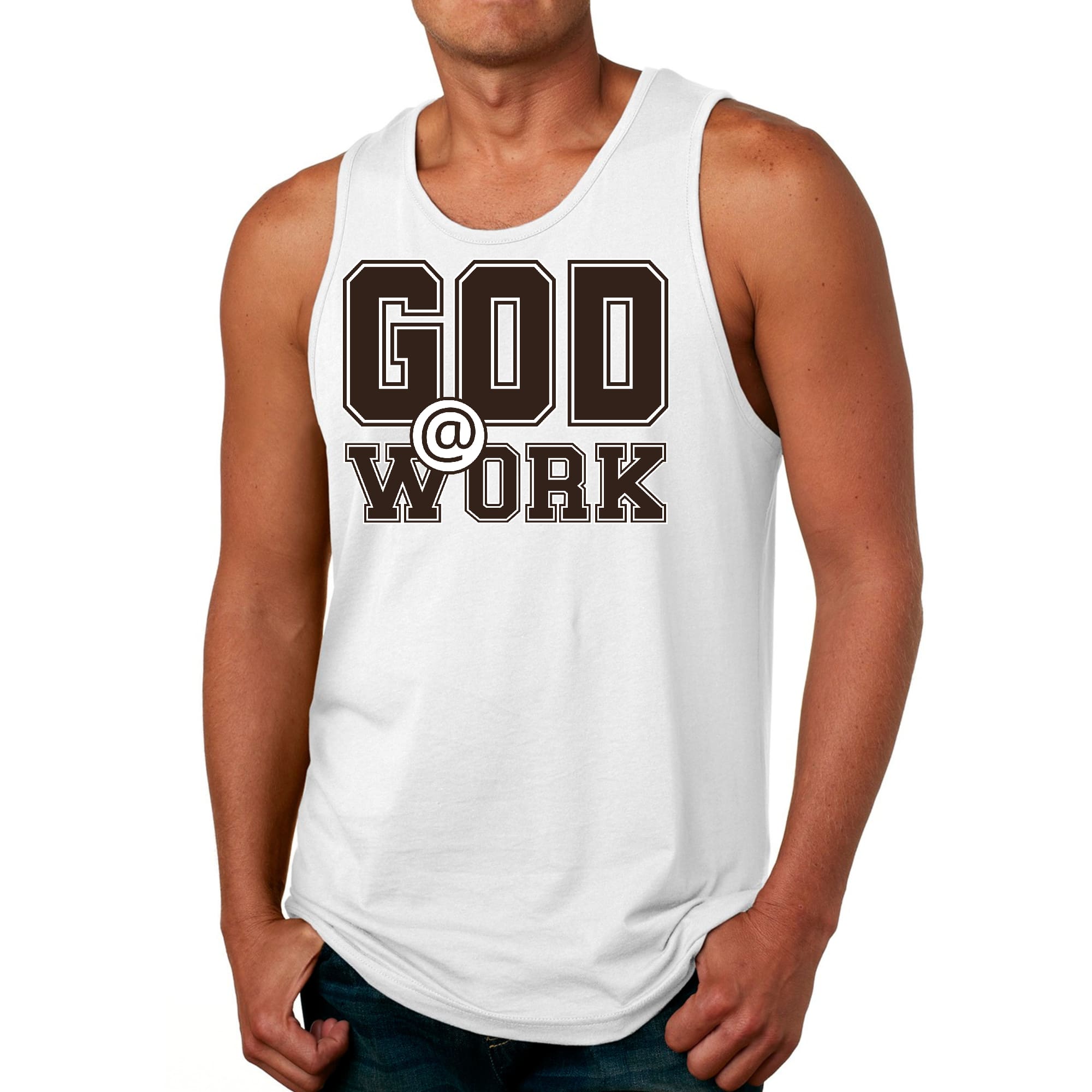 Mens Fitness Tank Top Graphic T-shirt God @ Work Brown and White Print