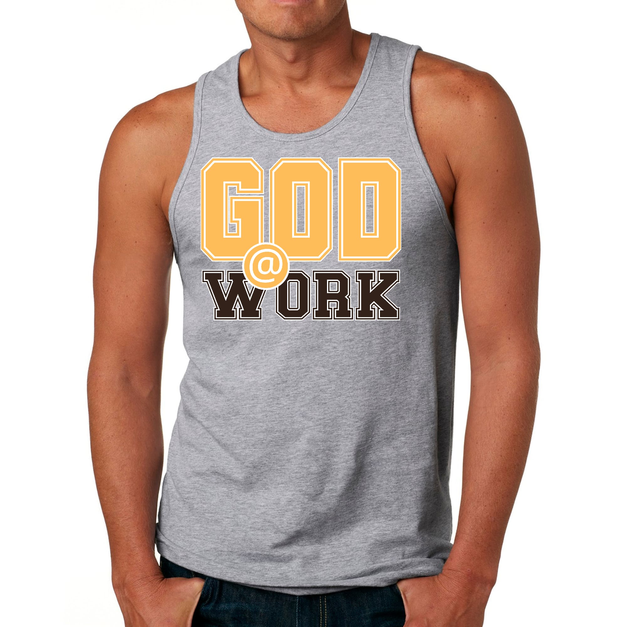 Mens Fitness Tank Top Graphic T-shirt God @ Work Golden Yellow