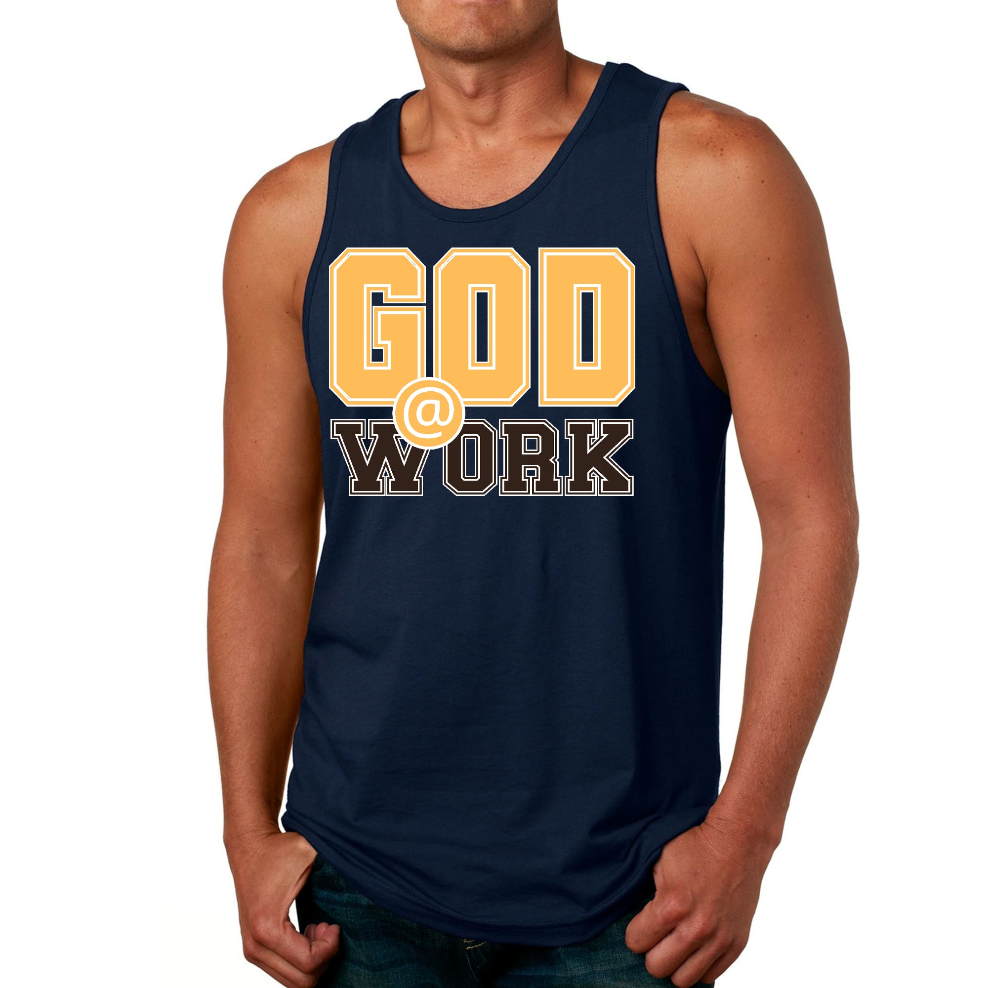 Mens Fitness Tank Top Graphic T-shirt God @ Work Golden Yellow