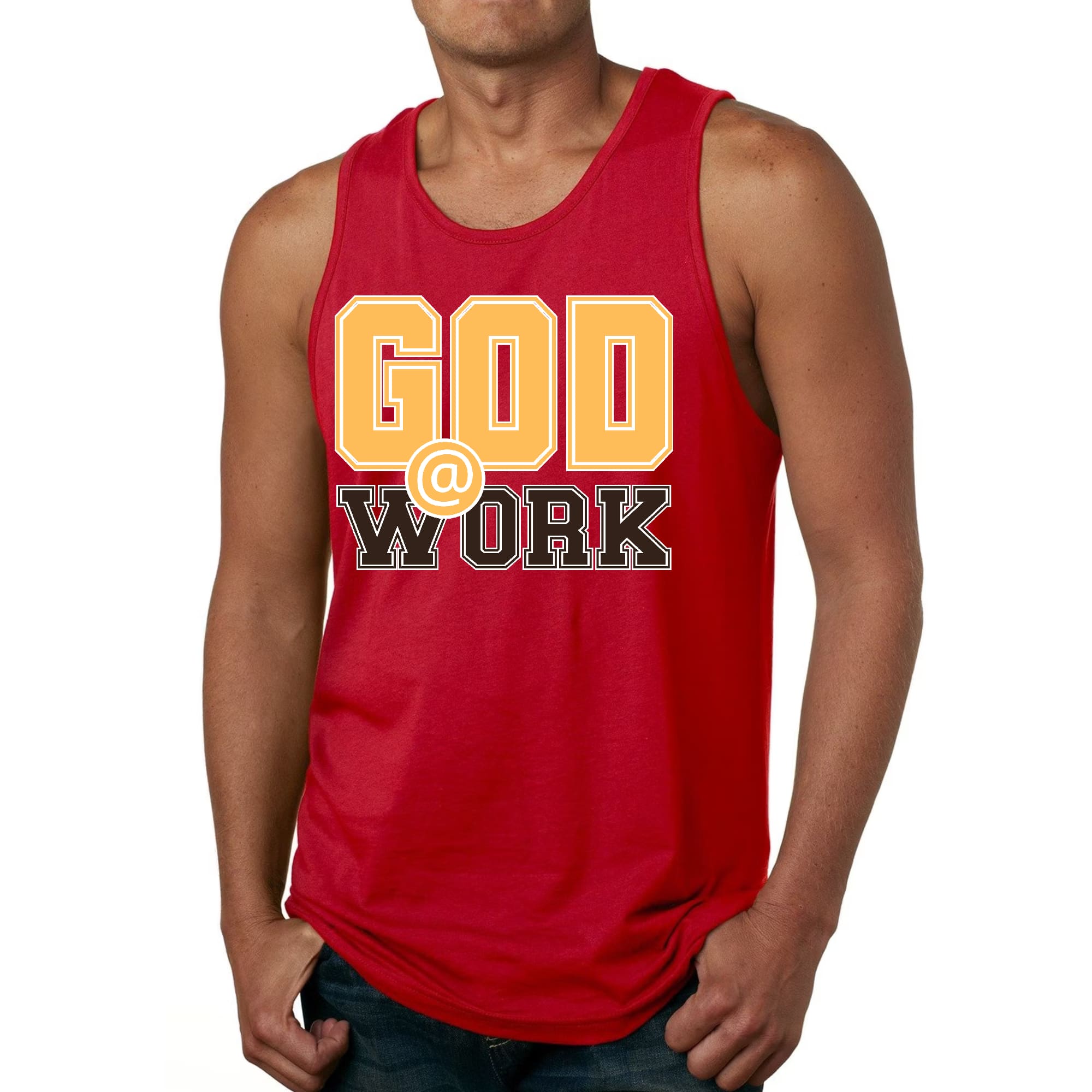 Mens Fitness Tank Top Graphic T-shirt God @ Work Golden Yellow