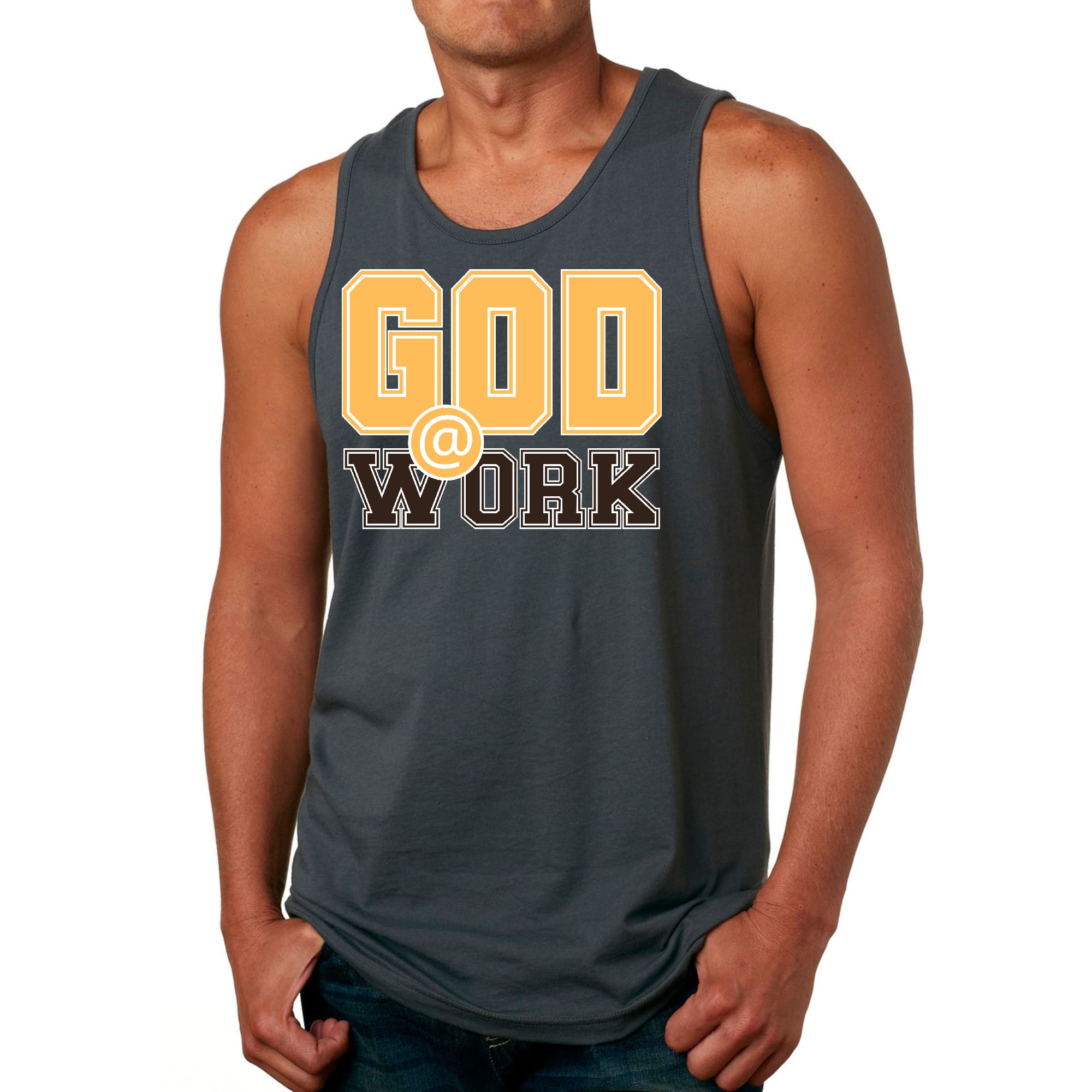 Mens Fitness Tank Top Graphic T-shirt God @ Work Golden Yellow