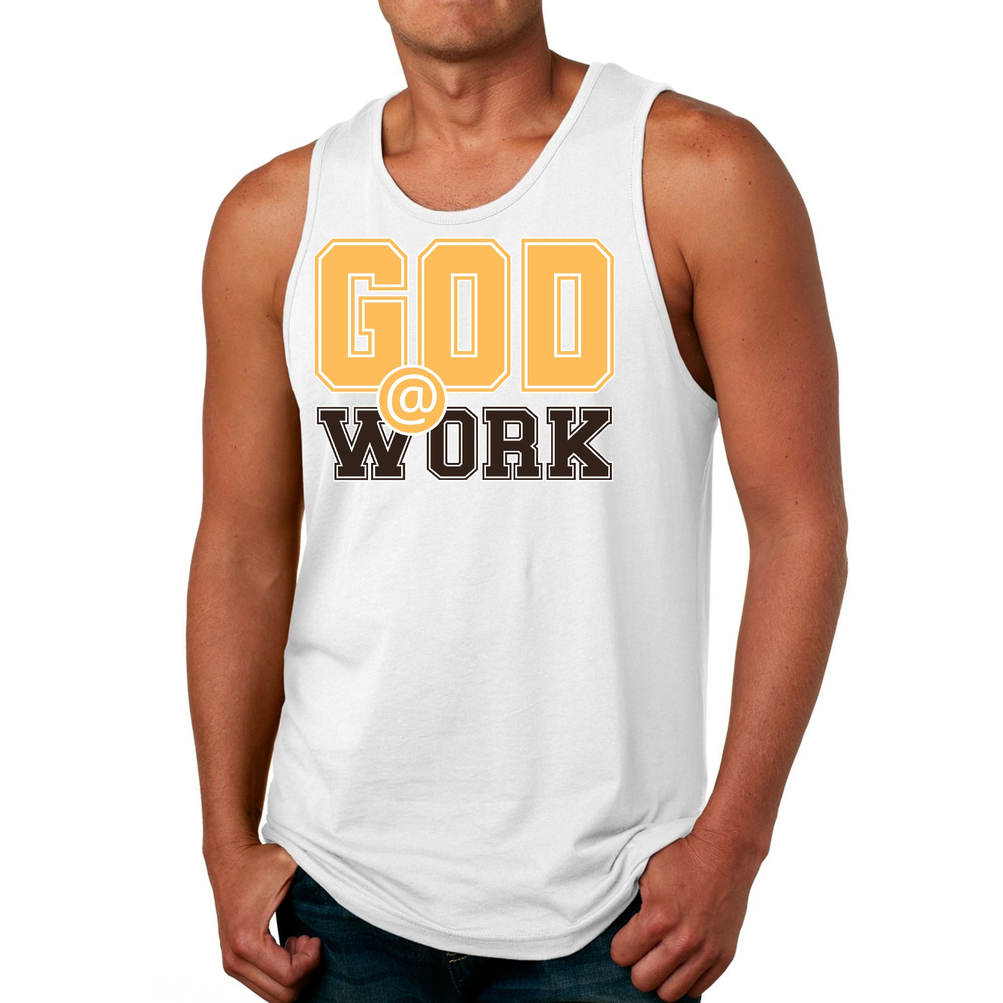 Mens Fitness Tank Top Graphic T-shirt God @ Work Golden Yellow