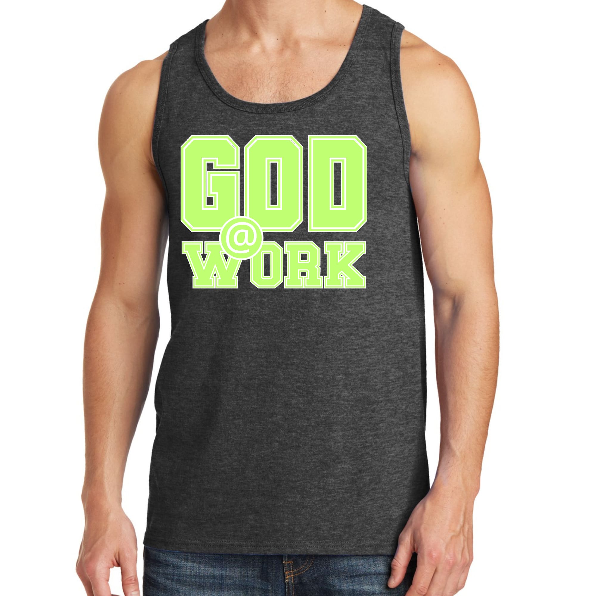Mens Fitness Tank Top Graphic T-shirt God @ Work Neon Green and White